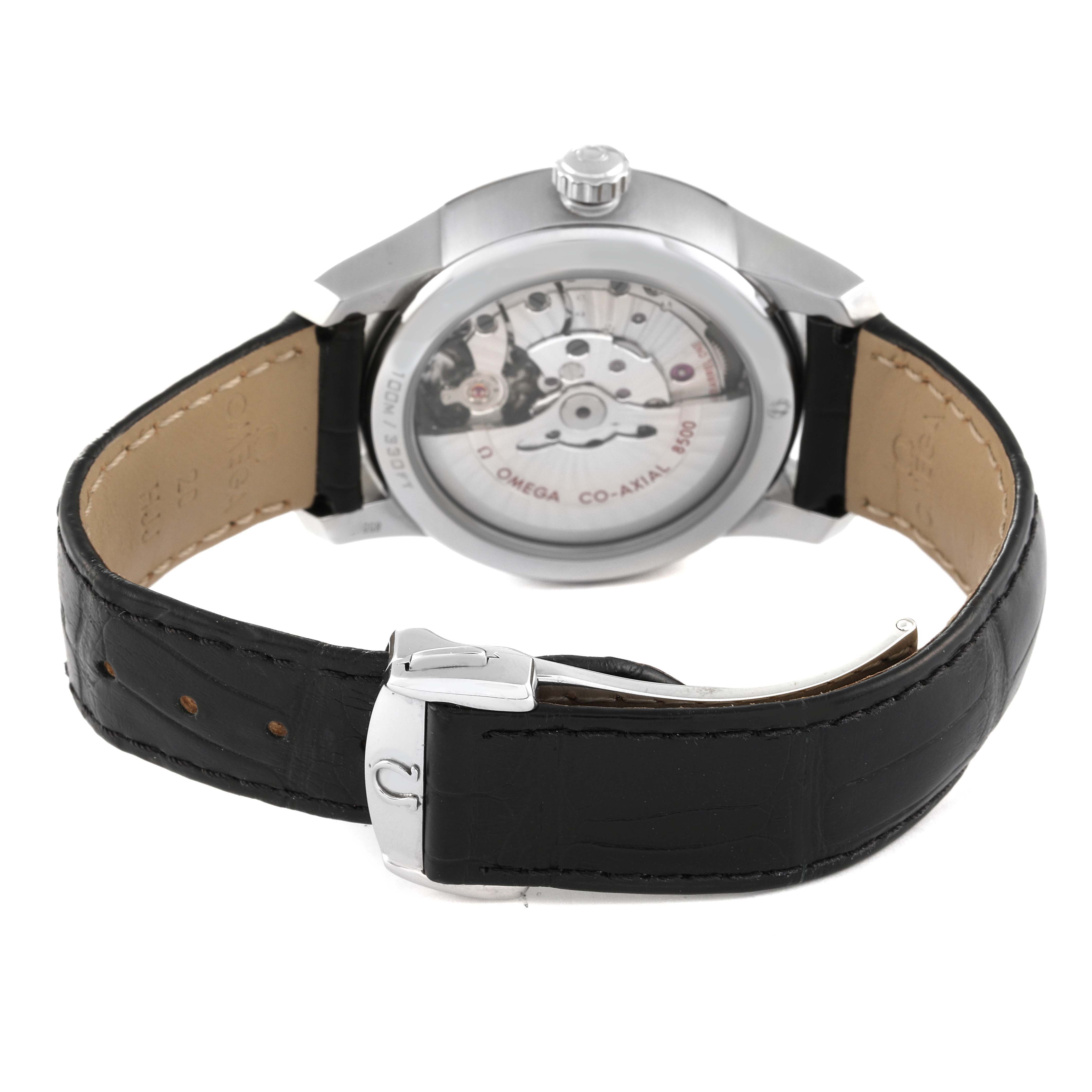 The image shows the back view of an Omega De Ville 431.10.41.21.01.001 Men's Stainless Steel Black Dial 431.10.41.21.01.001 Men's Stainless Steel Black Dial watch, highlighting its movement mechanism and black leather strap.