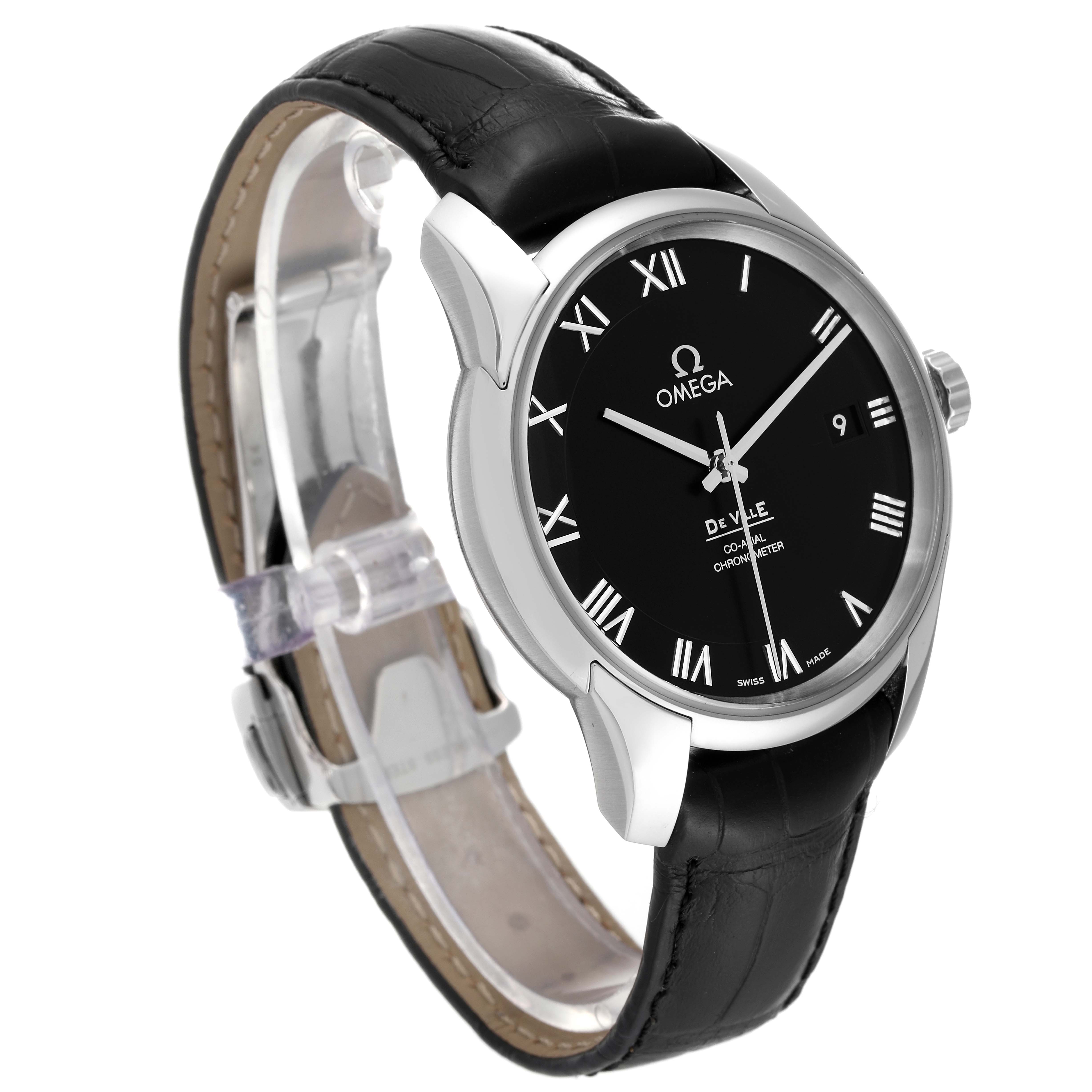 This image shows an Omega De Ville 431.10.41.21.01.001 Men's Stainless Steel Black Dial 431.10.41.21.01.001 Men's Stainless Steel Black Dial watch at a three-quarter angle, displaying its black dial, Roman numerals, leather strap, and crown.