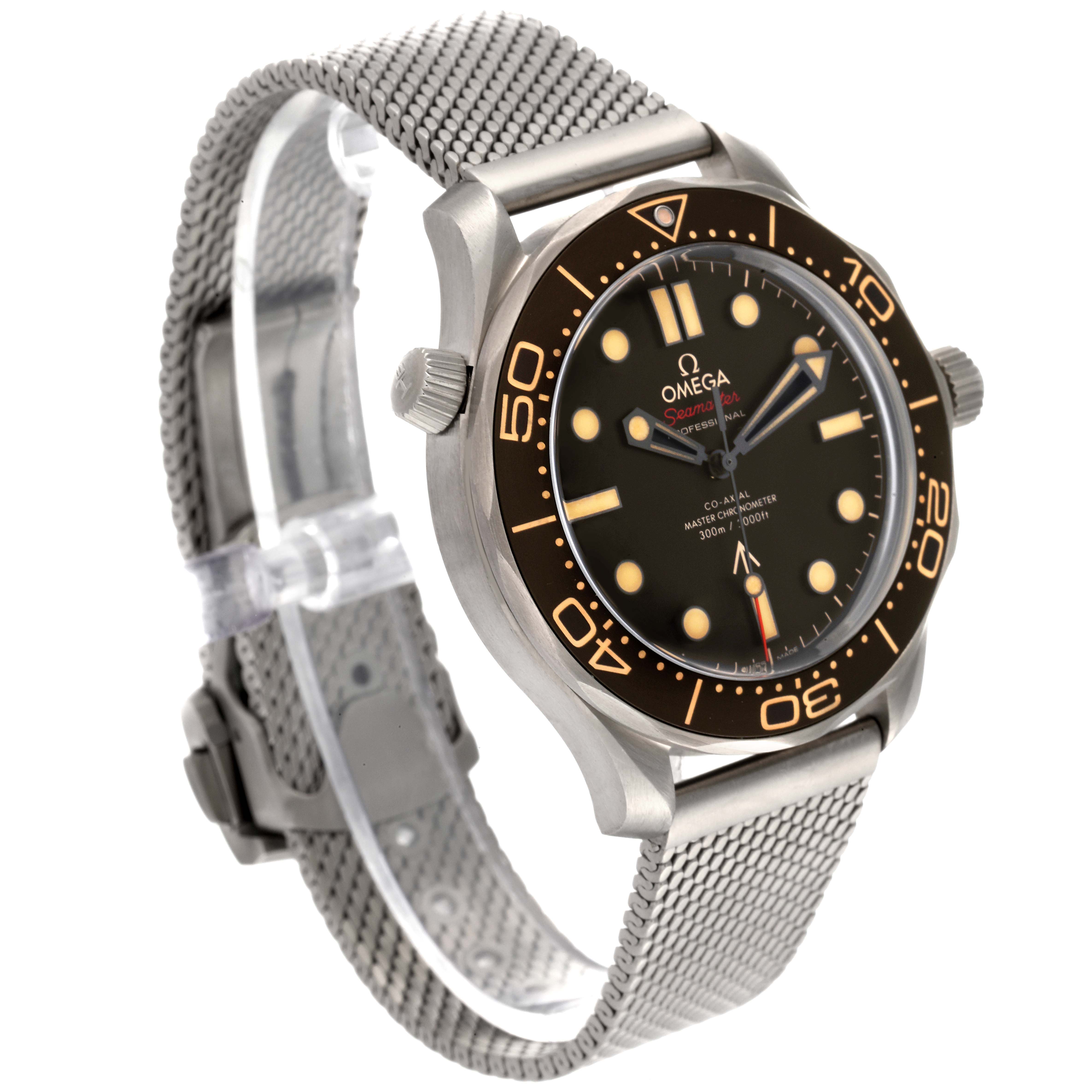 The image shows an Omega Seamaster 210.90.42.20.01.001 Men's Titanium Brown Dial 210.90.42.20.01.001 Men's Titanium Brown Dial watch at a three-quarter angle, highlighting the dial, bezel, crown, and mesh strap.