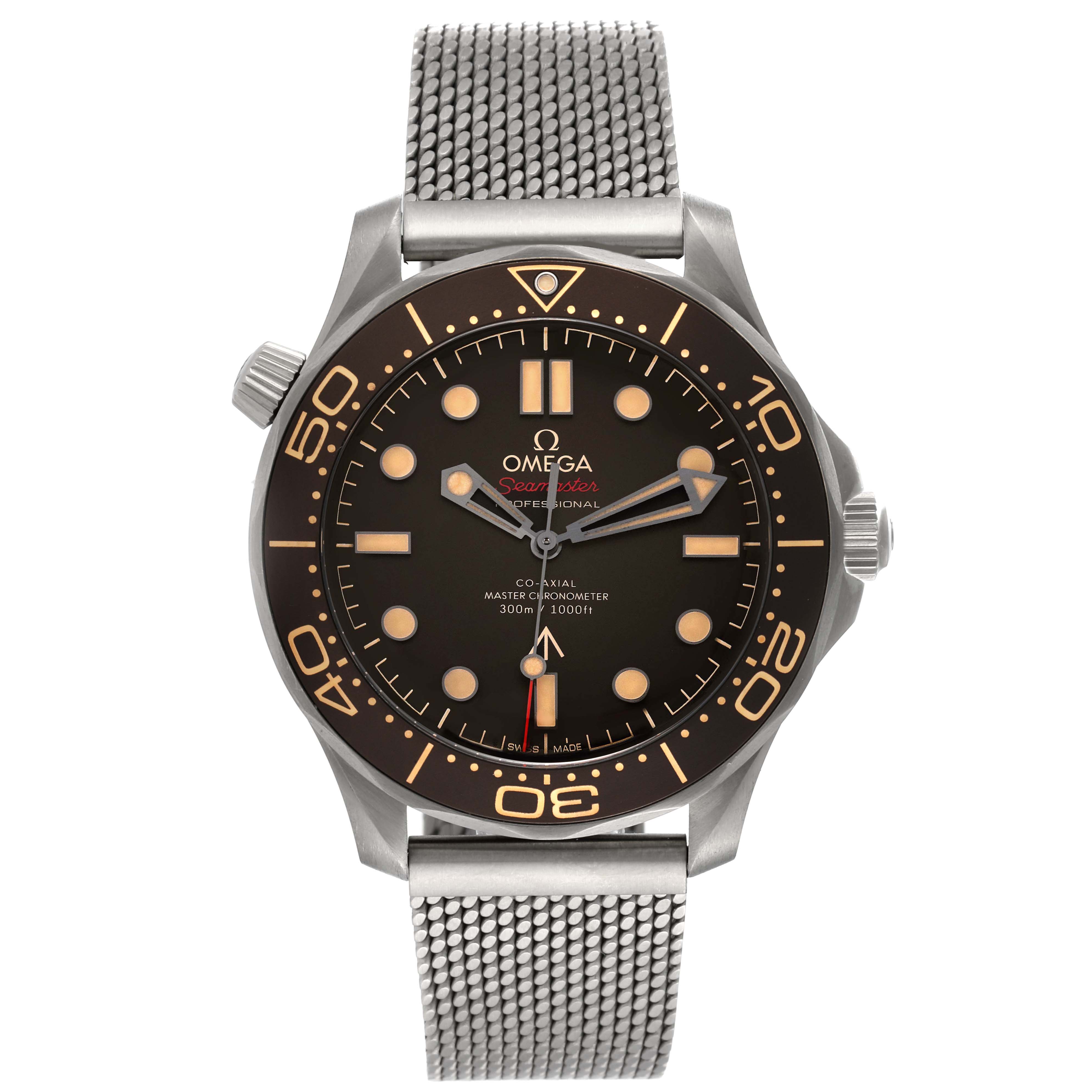 The image shows a front view of the Omega Seamaster 210.90.42.20.01.001 Men's Titanium Brown Dial 210.90.42.20.01.001 Men's Titanium Brown Dial watch, highlighting its dial, bezel, and mesh bracelet.
