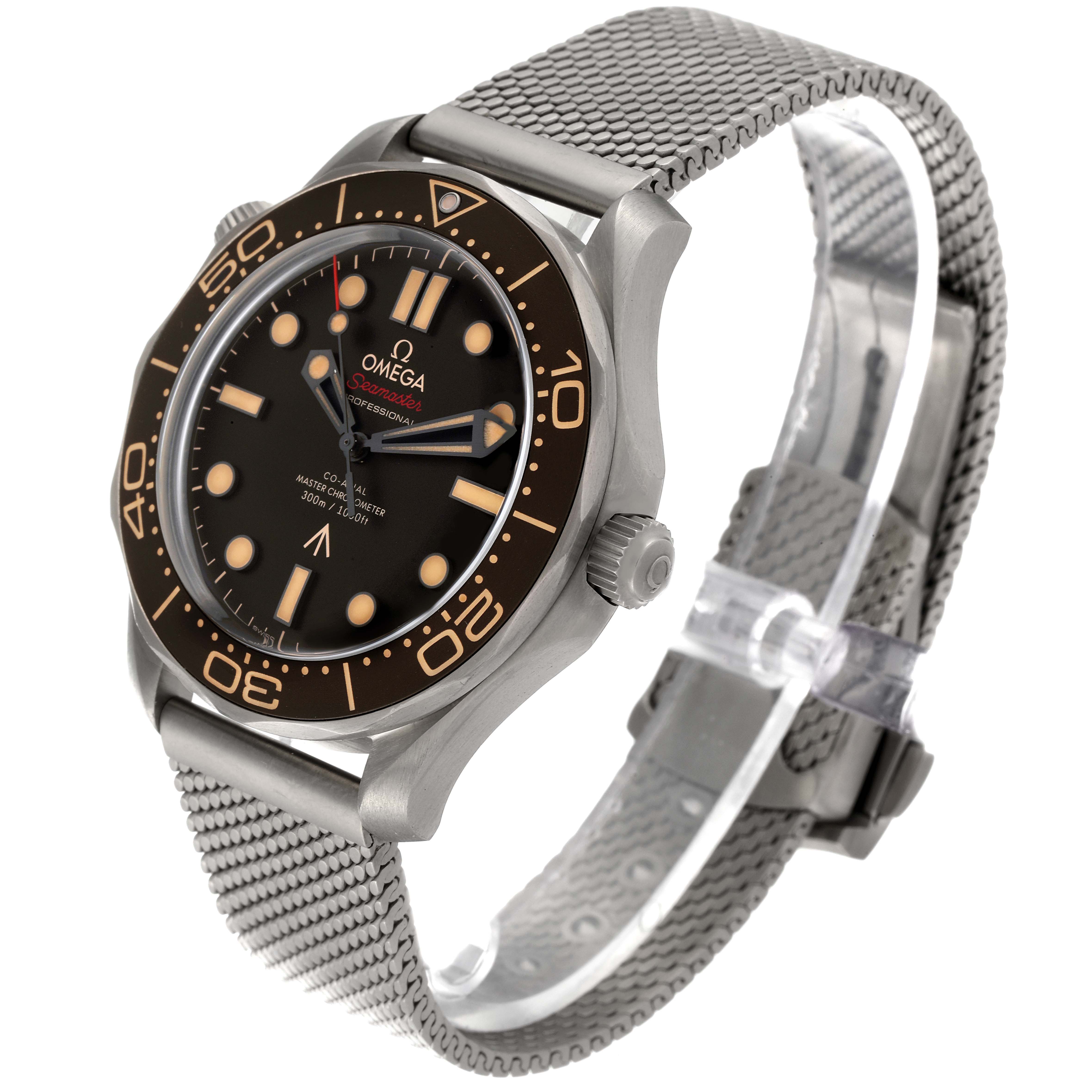 The Omega Seamaster 210.90.42.20.01.001 Men's Titanium Brown Dial 210.90.42.20.01.001 Men's Titanium Brown Dial watch is shown from an angled front view, displaying the dial, bezel, crown, and metal mesh strap.