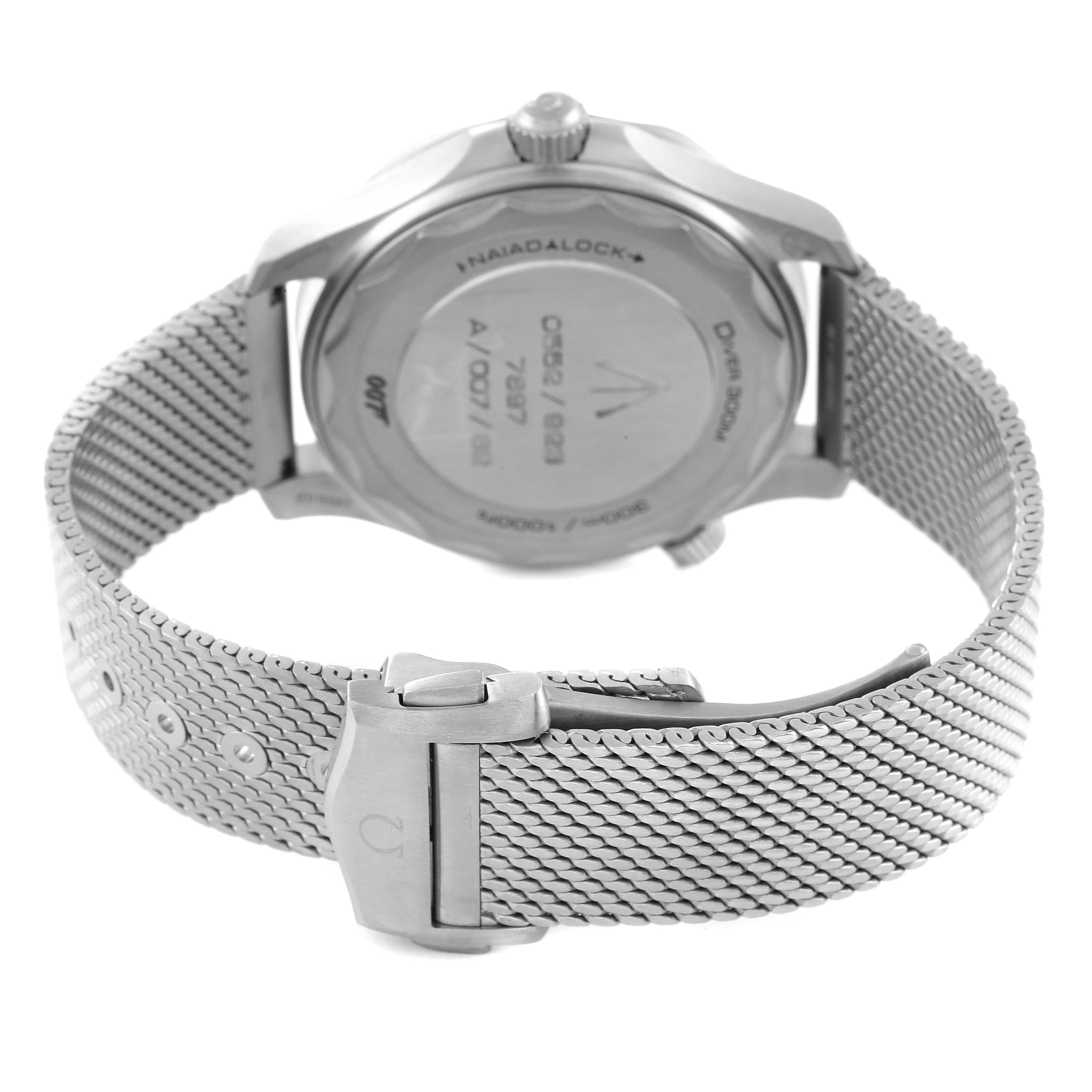 This image shows the back view of an Omega Seamaster 210.90.42.20.01.001 Men's Titanium Brown Dial 210.90.42.20.01.001 Men's Titanium Brown Dial watch, highlighting its case back and metal mesh bracelet.