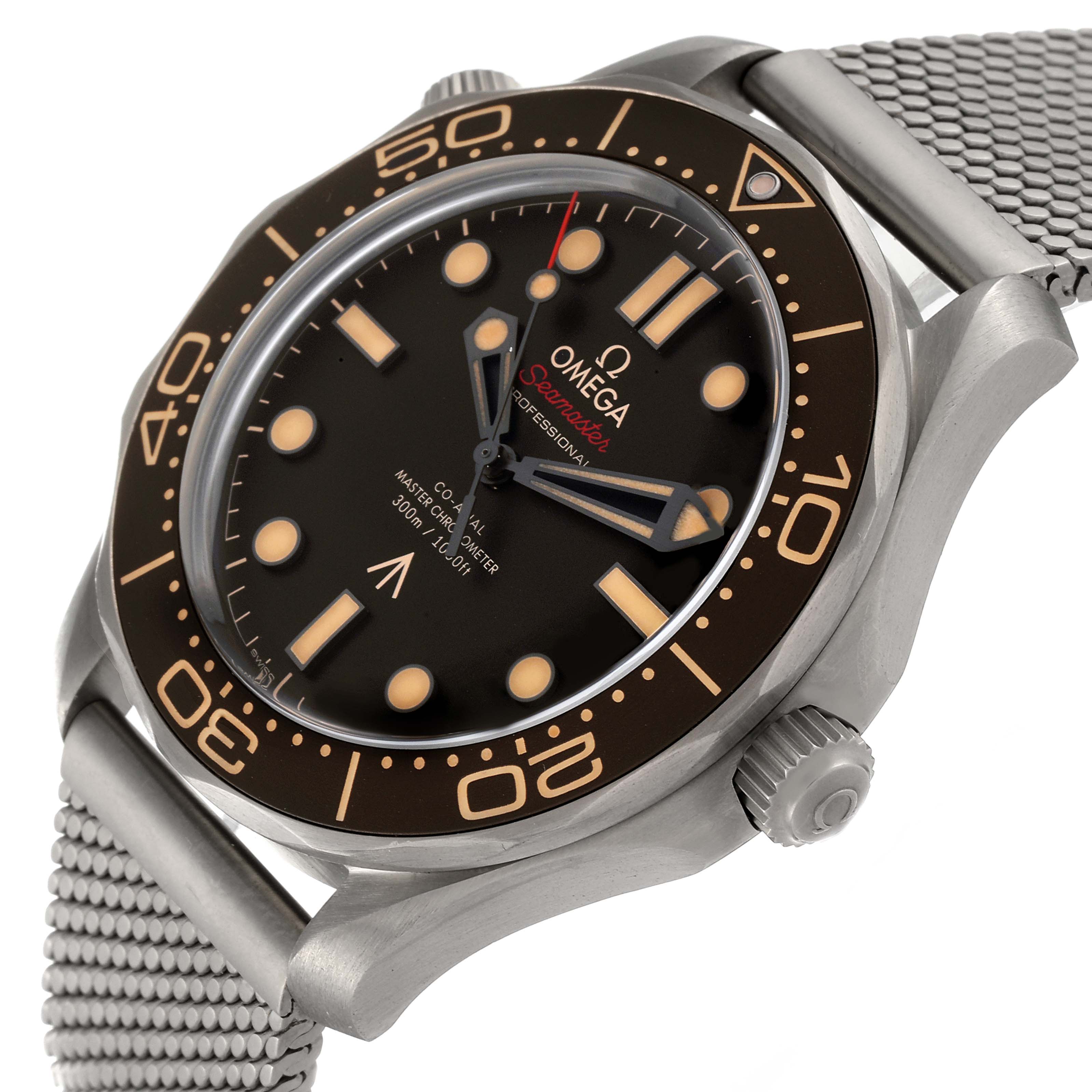 The image shows an angled view of the Omega Seamaster 210.90.42.20.01.001 Men's Titanium Brown Dial 210.90.42.20.01.001 Men's Titanium Brown Dial watch, highlighting the bezel, dial, crown, and part of the metal bracelet.