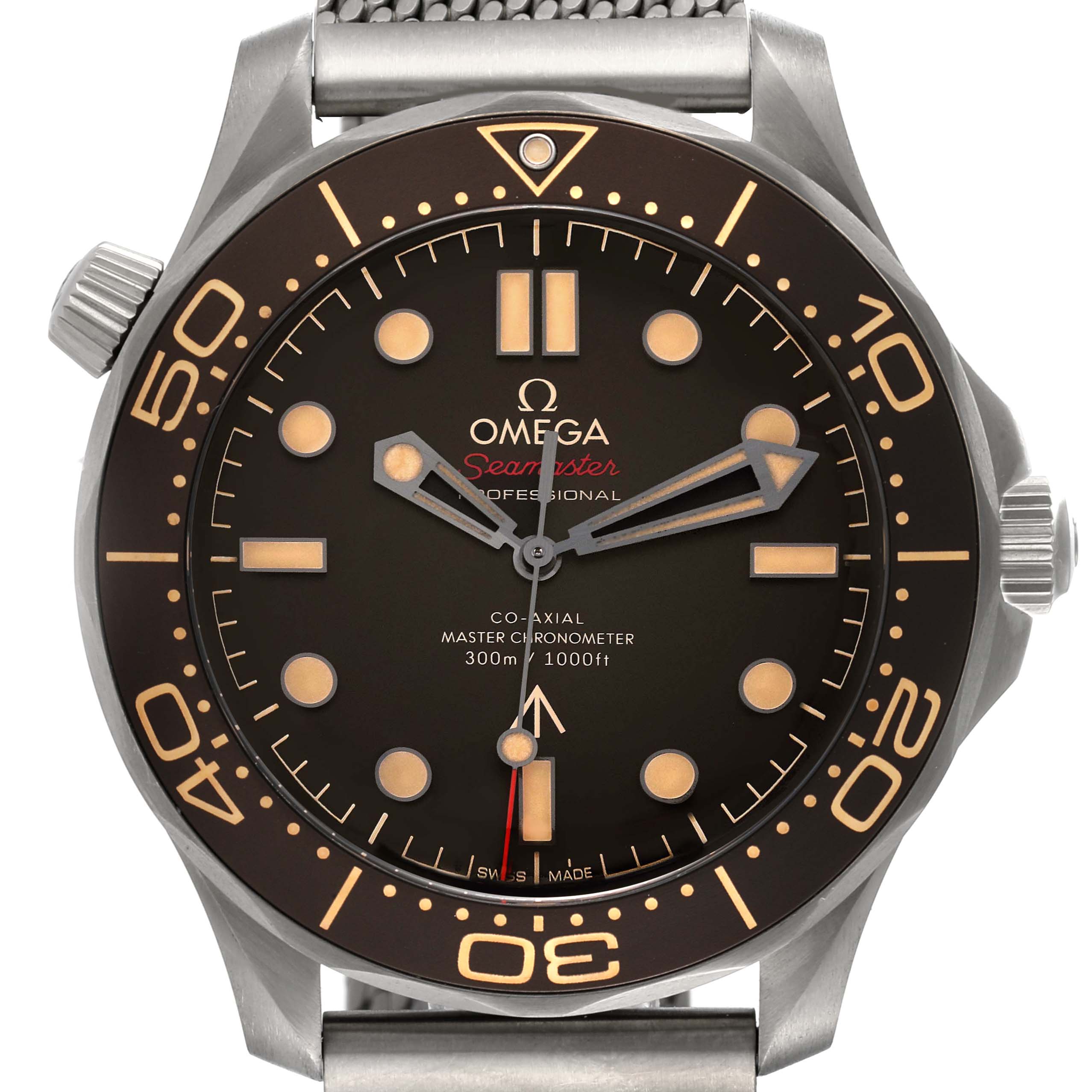 The image shows a front view of the Omega Seamaster 210.90.42.20.01.001 Men's Titanium Brown Dial 210.90.42.20.01.001 Men's Titanium Brown Dial watch, highlighting the dial, bezel, hands, and part of the bracelet.