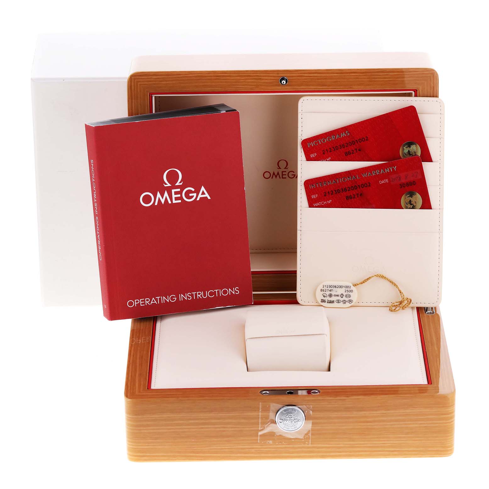 This image shows the packaging and accessories for an Omega Seamaster 212.30.36.20.01.002 Men's Stainless Steel Black Dial 212.30.36.20.01.002 Men's Stainless Steel Black Dial watch, including the box, instruction manual, and warranty cards.