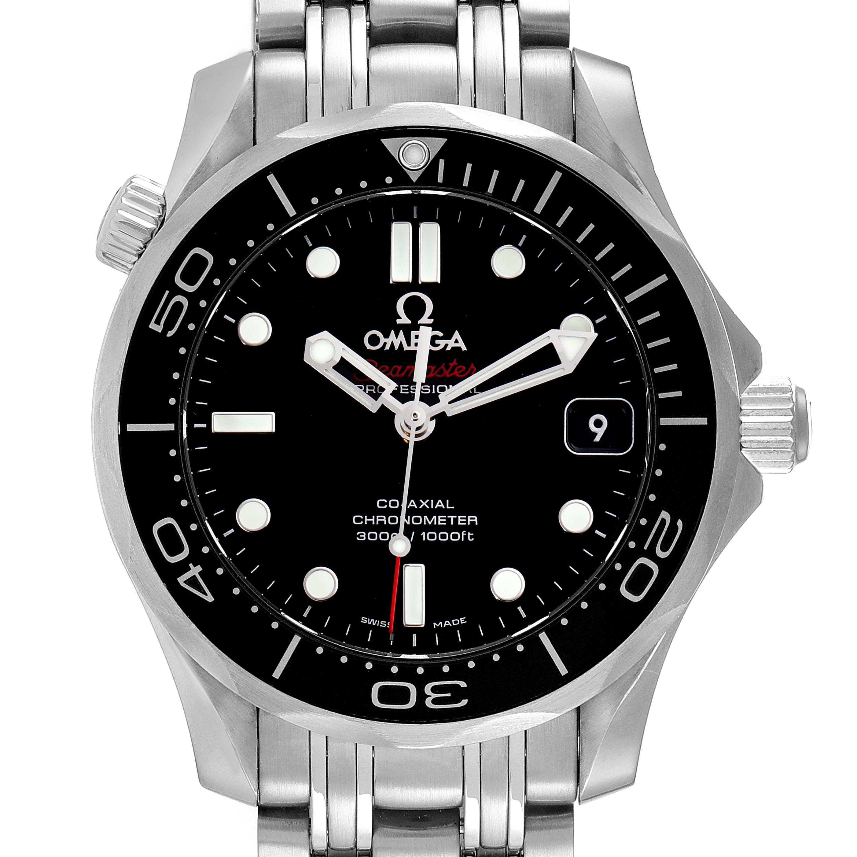 The image shows a front view of the Omega Seamaster 212.30.36.20.01.002 Men's Stainless Steel Black Dial 212.30.36.20.01.002 Men's Stainless Steel Black Dial watch, displaying the watch face, bezel, and a portion of the metal bracelet.