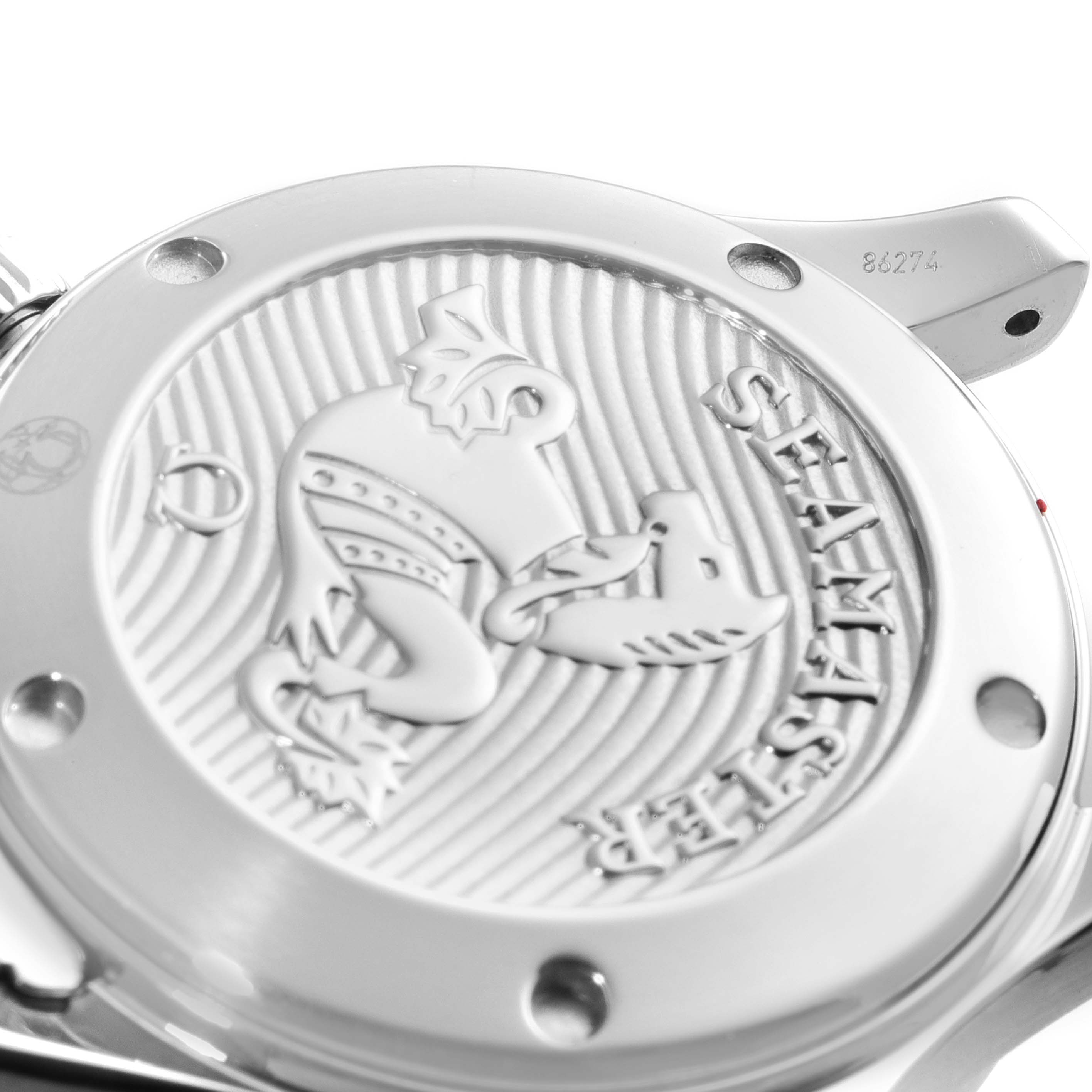 The image showcases the case back of an Omega Seamaster 212.30.36.20.01.002 Men's Stainless Steel Black Dial 212.30.36.20.01.002 Men's Stainless Steel Black Dial watch, highlighting the seahorse engraving and branding.