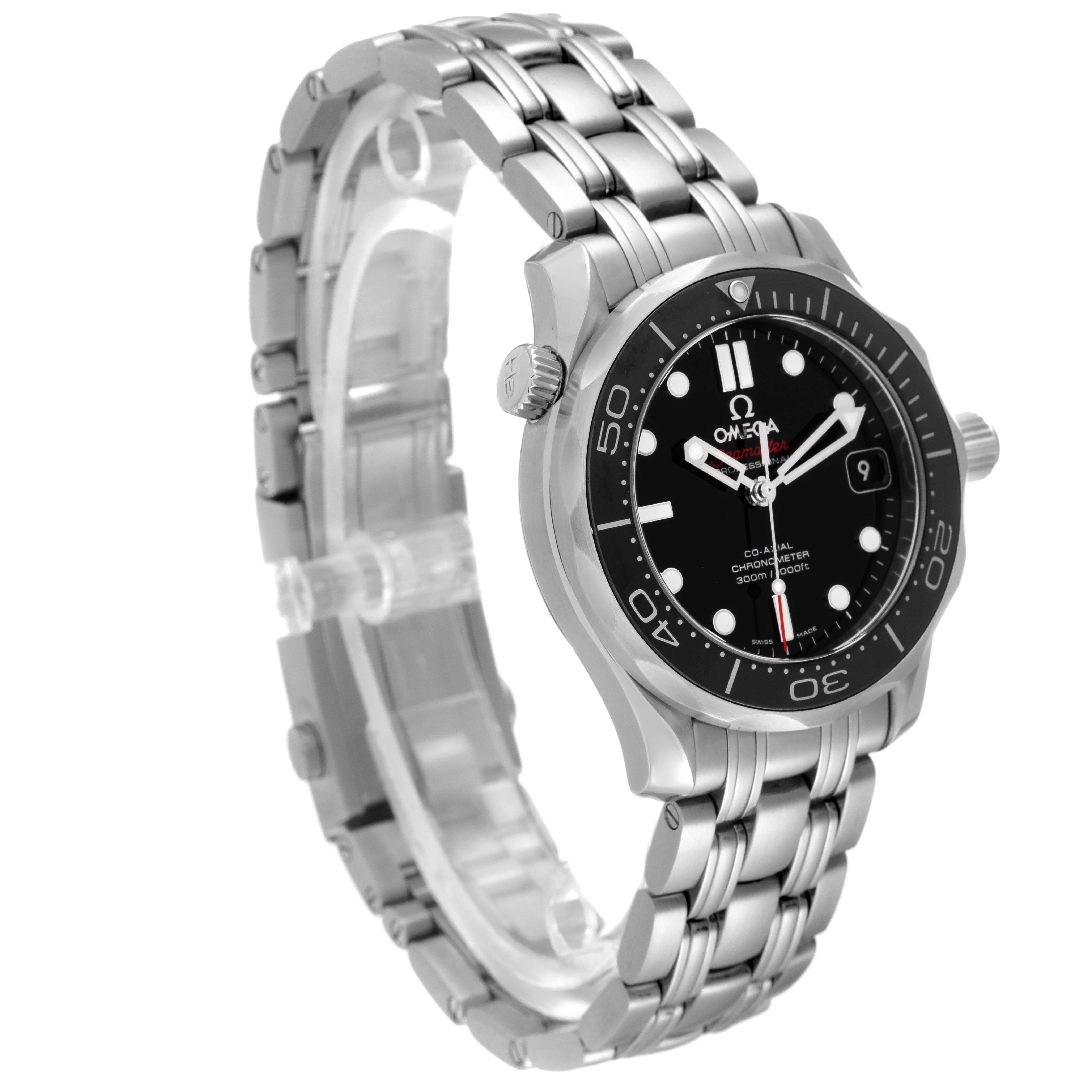 The Omega Seamaster 212.30.36.20.01.002 Men's Stainless Steel Black Dial 212.30.36.20.01.002 Men's Stainless Steel Black Dial watch is shown at a three-quarter angle, highlighting the face, bezel, crown, and stainless steel bracelet.