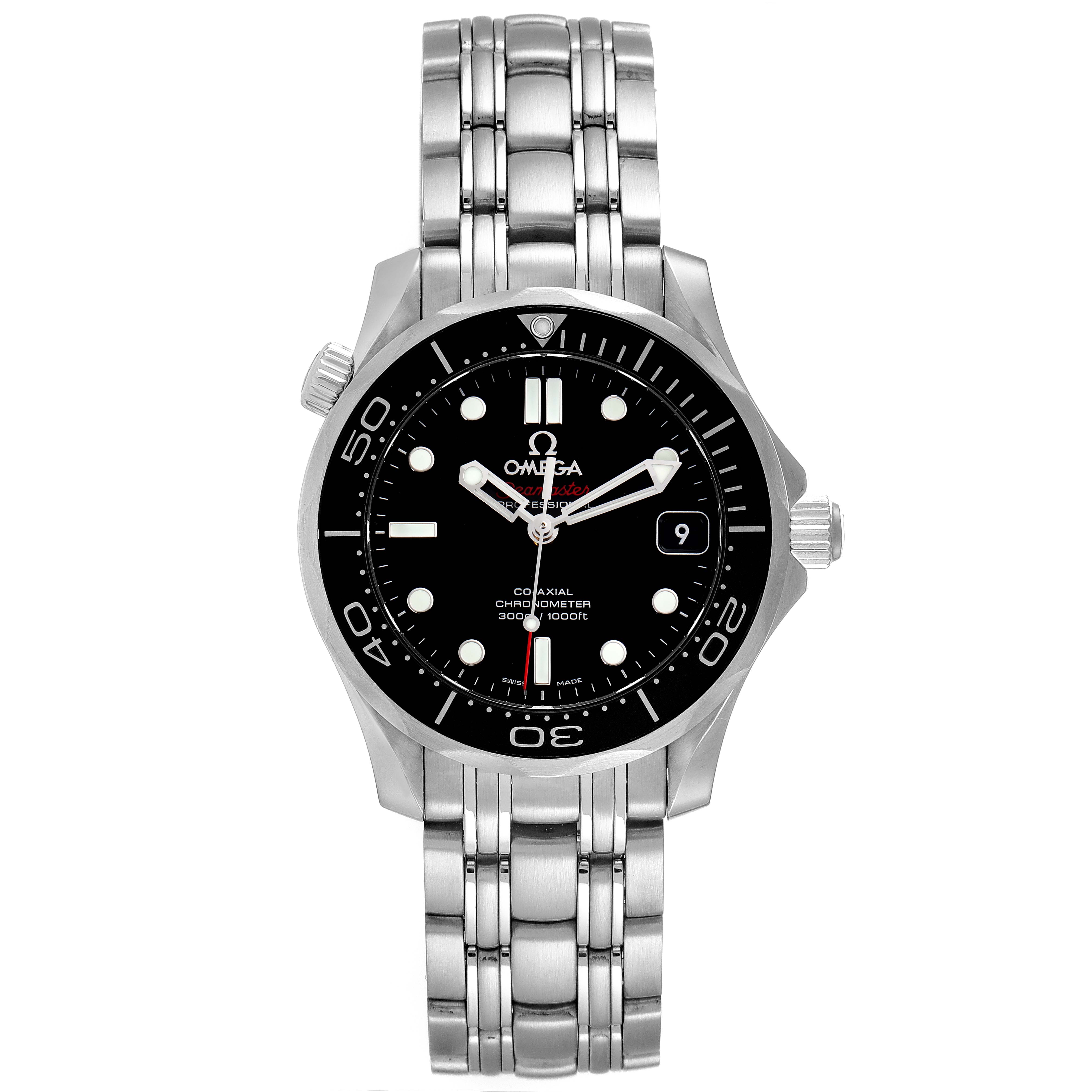 The image shows a frontal view of an Omega Seamaster 212.30.36.20.01.002 Men's Stainless Steel Black Dial 212.30.36.20.01.002 Men's Stainless Steel Black Dial watch, displaying its face, bezel, and stainless steel bracelet.