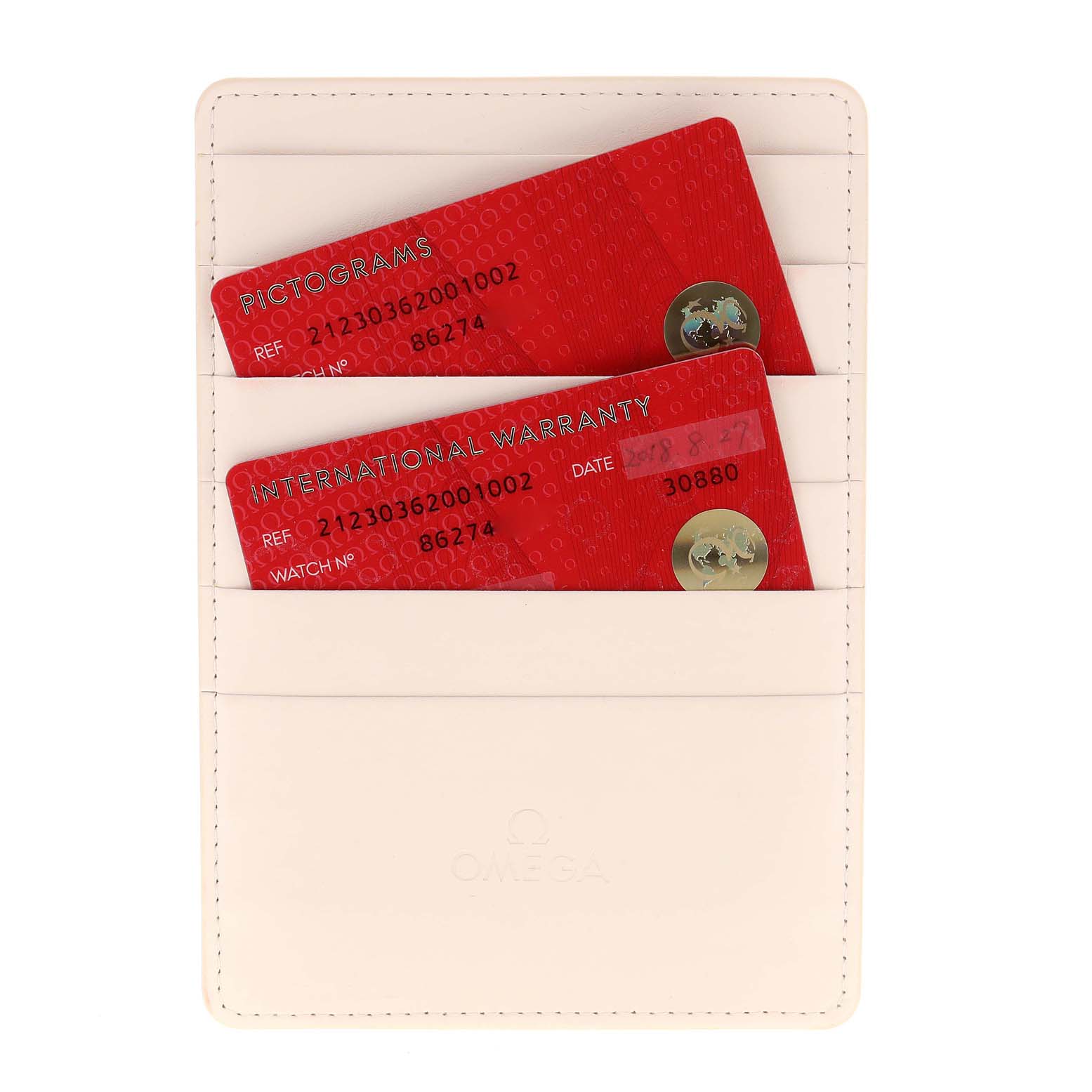 The image shows the warranty and pictogram cards of an Omega Seamaster 212.30.36.20.01.002 Men's Stainless Steel Black Dial 212.30.36.20.01.002 Men's Stainless Steel Black Dial watch inside a white cardholder.