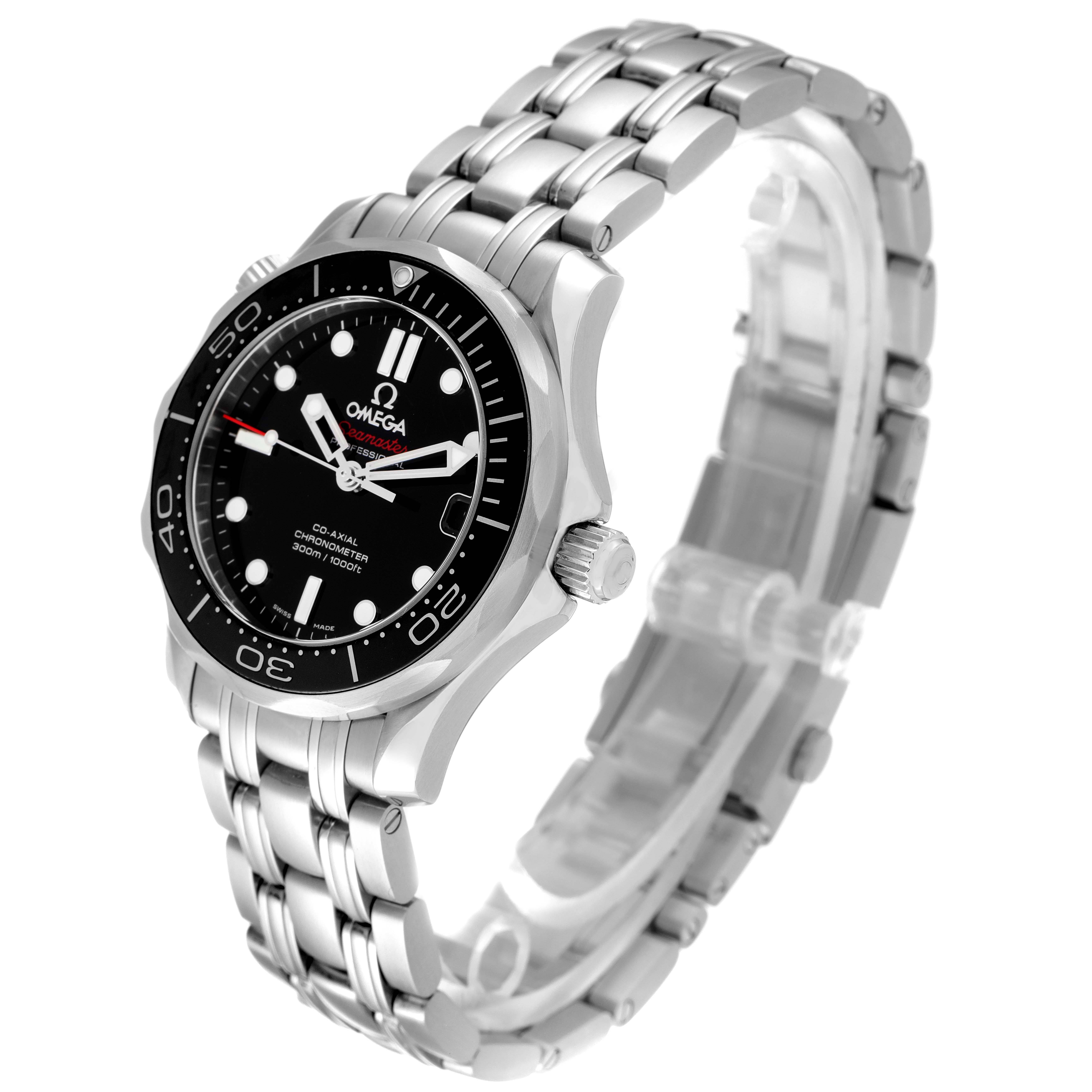 The Omega Seamaster 212.30.36.20.01.002 Men's Stainless Steel Black Dial 212.30.36.20.01.002 Men's Stainless Steel Black Dial watch is shown at an angle highlighting the face, bezel, crown, and stainless steel bracelet.