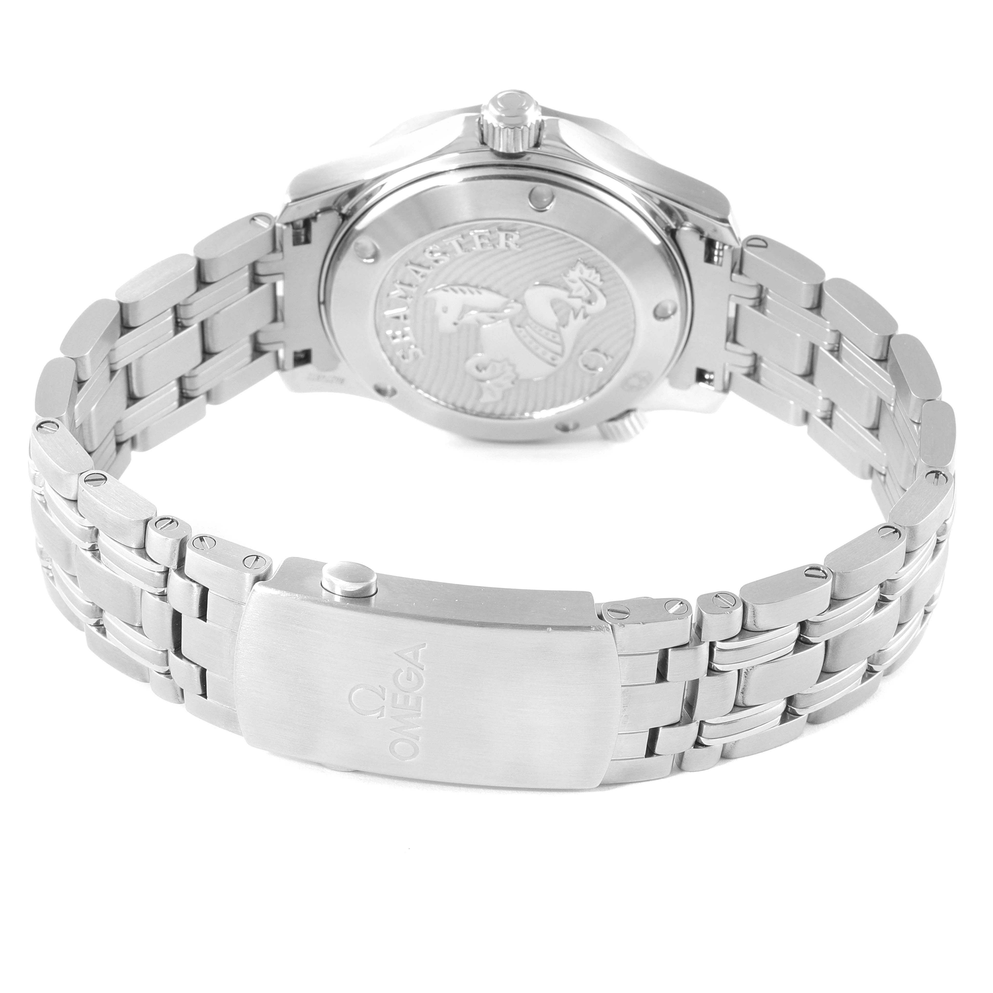 This image shows the back view of an Omega Seamaster 212.30.36.20.01.002 Men's Stainless Steel Black Dial 212.30.36.20.01.002 Men's Stainless Steel Black Dial watch, featuring the case back and a part of the metal bracelet with the clasp visible.