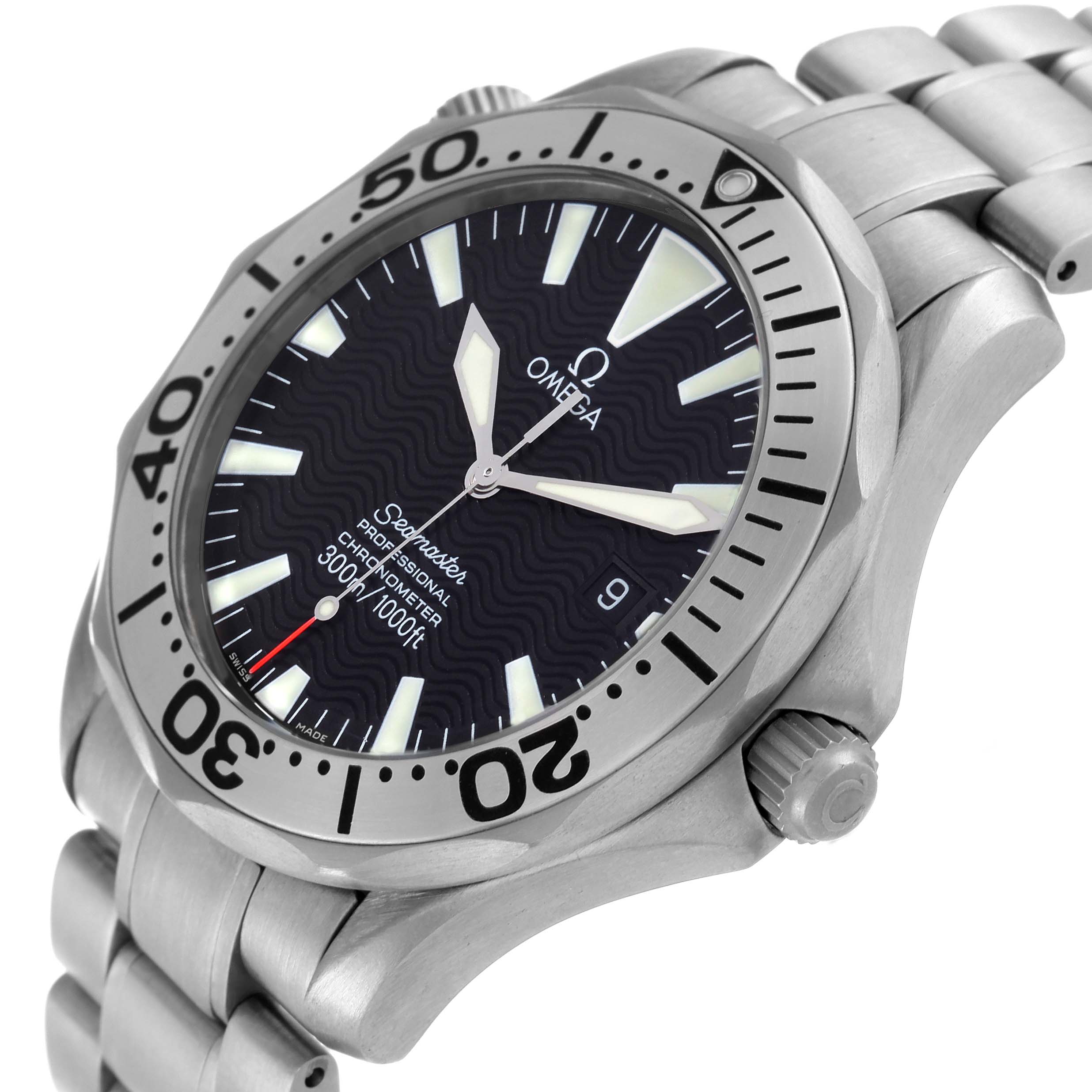 The image shows an angled side view of an Omega Seamaster 2231.50.00 Men's Titanium Black Dial 2231.50.00 Men's Titanium Black Dial watch, highlighting the bezel, face, and bracelet.