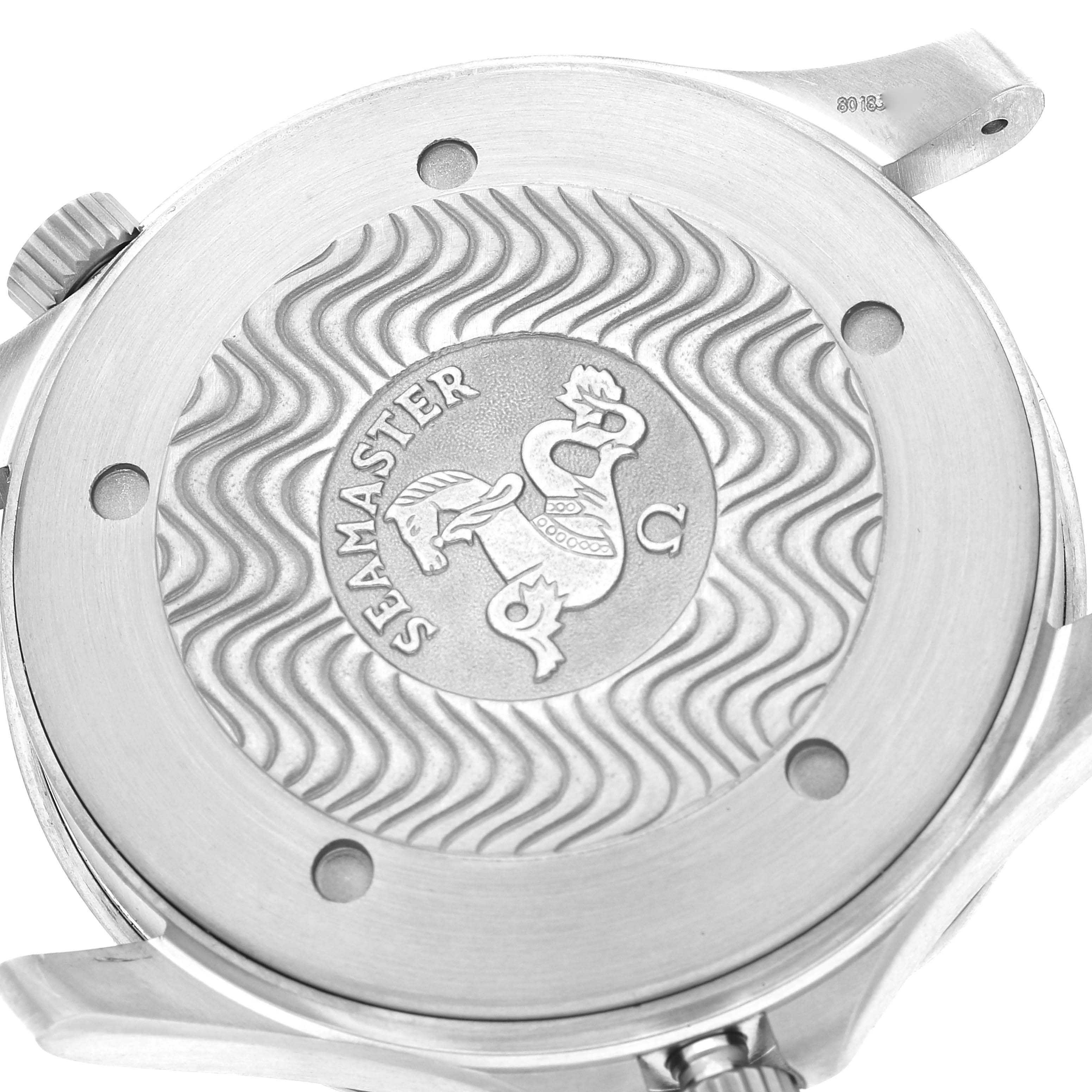 The image displays the case back of an Omega Seamaster 2231.50.00 Men's Titanium Black Dial 2231.50.00 Men's Titanium Black Dial watch, showcasing its engraved logo and wave pattern.