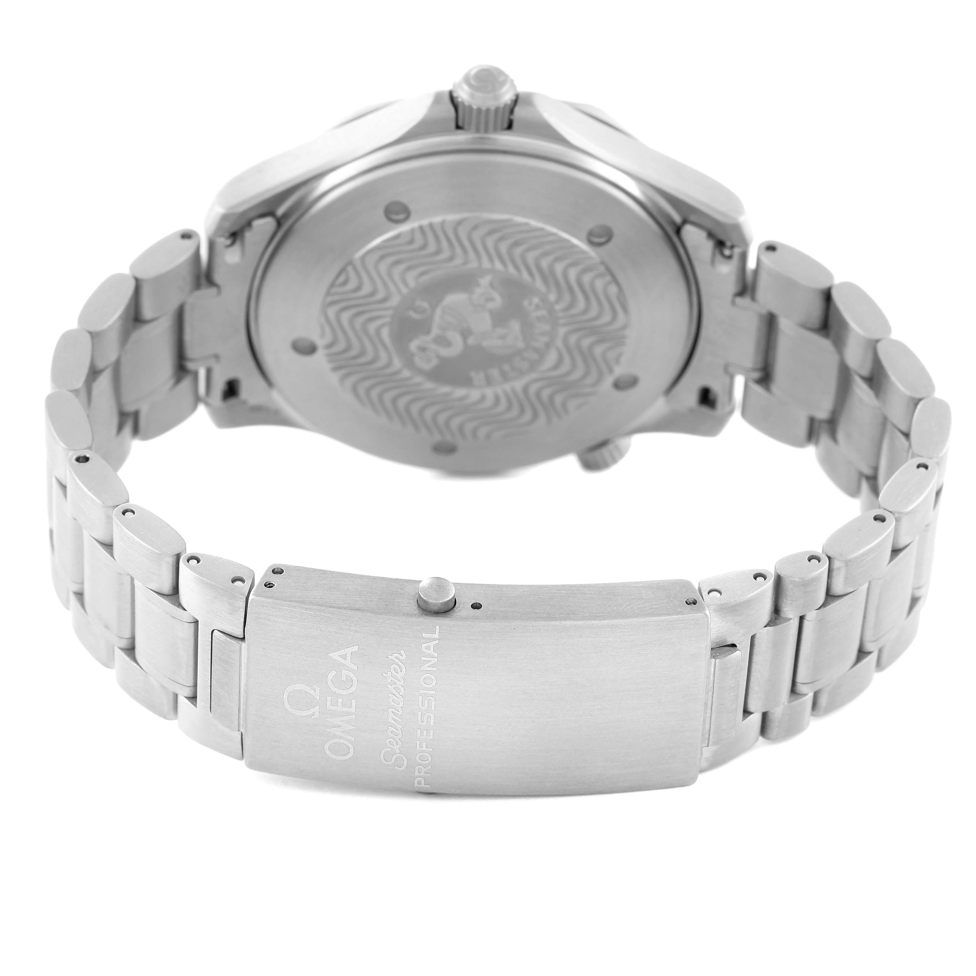 The image shows the back view of an Omega Seamaster 2231.50.00 Men's Titanium Black Dial 2231.50.00 Men's Titanium Black Dial watch, including the case back, bracelet, and clasp.