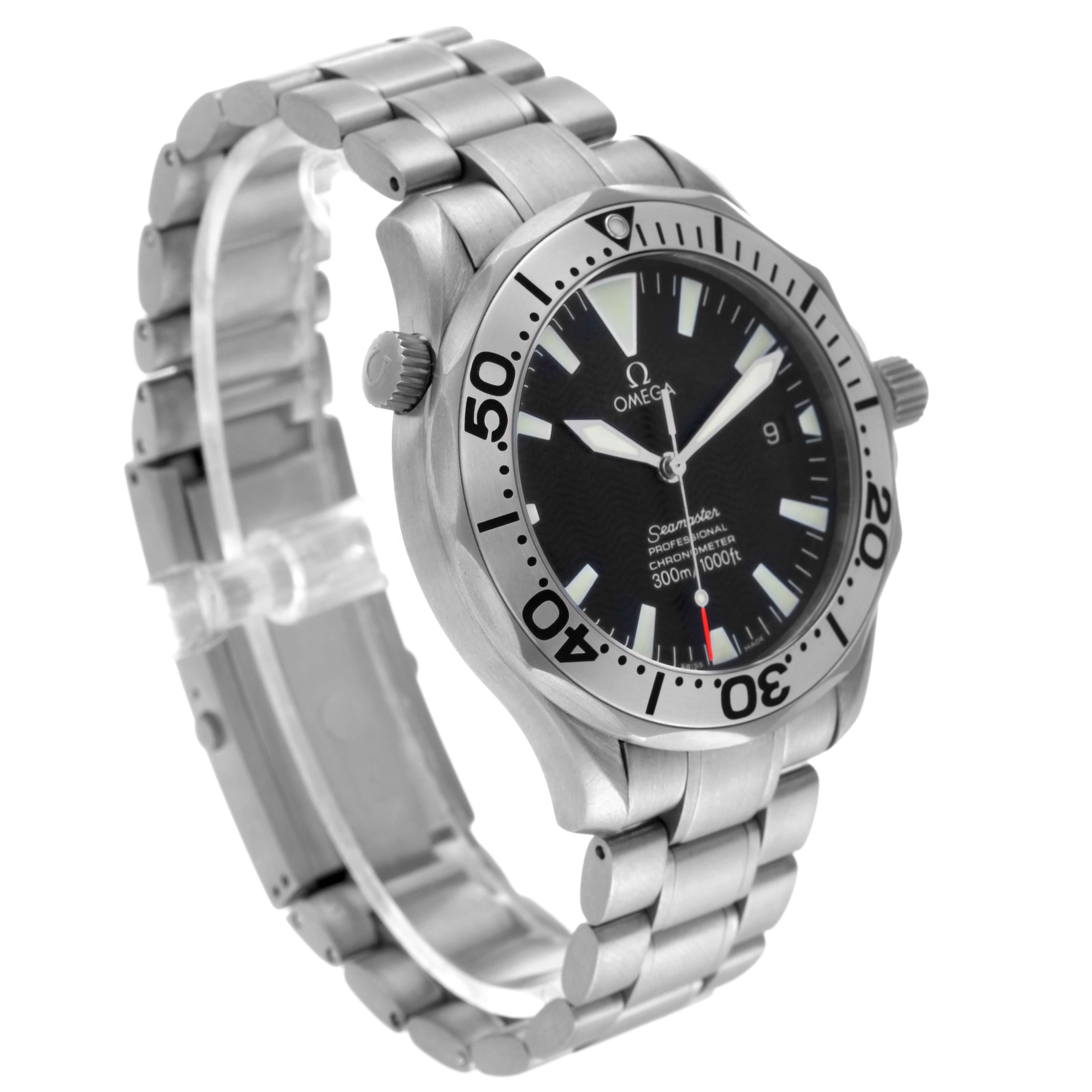 The image shows an angled view of the Omega Seamaster 2231.50.00 Men's Titanium Black Dial 2231.50.00 Men's Titanium Black Dial's face, bezel, crown, and stainless steel bracelet.