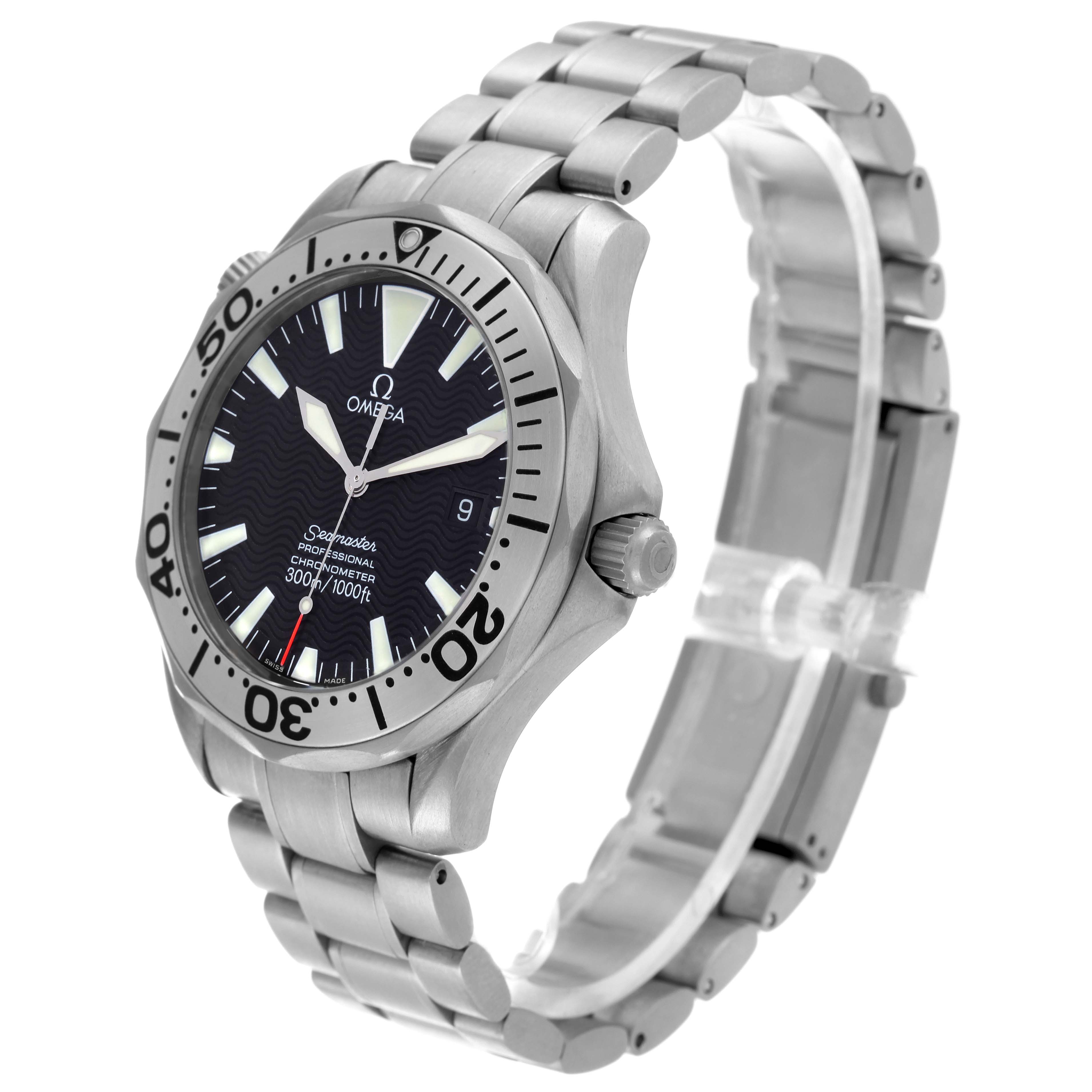 The Omega Seamaster 2231.50.00 Men's Titanium Black Dial 2231.50.00 Men's Titanium Black Dial watch is shown from an angled perspective, displaying the dial, bezel, crown, and metal bracelet.