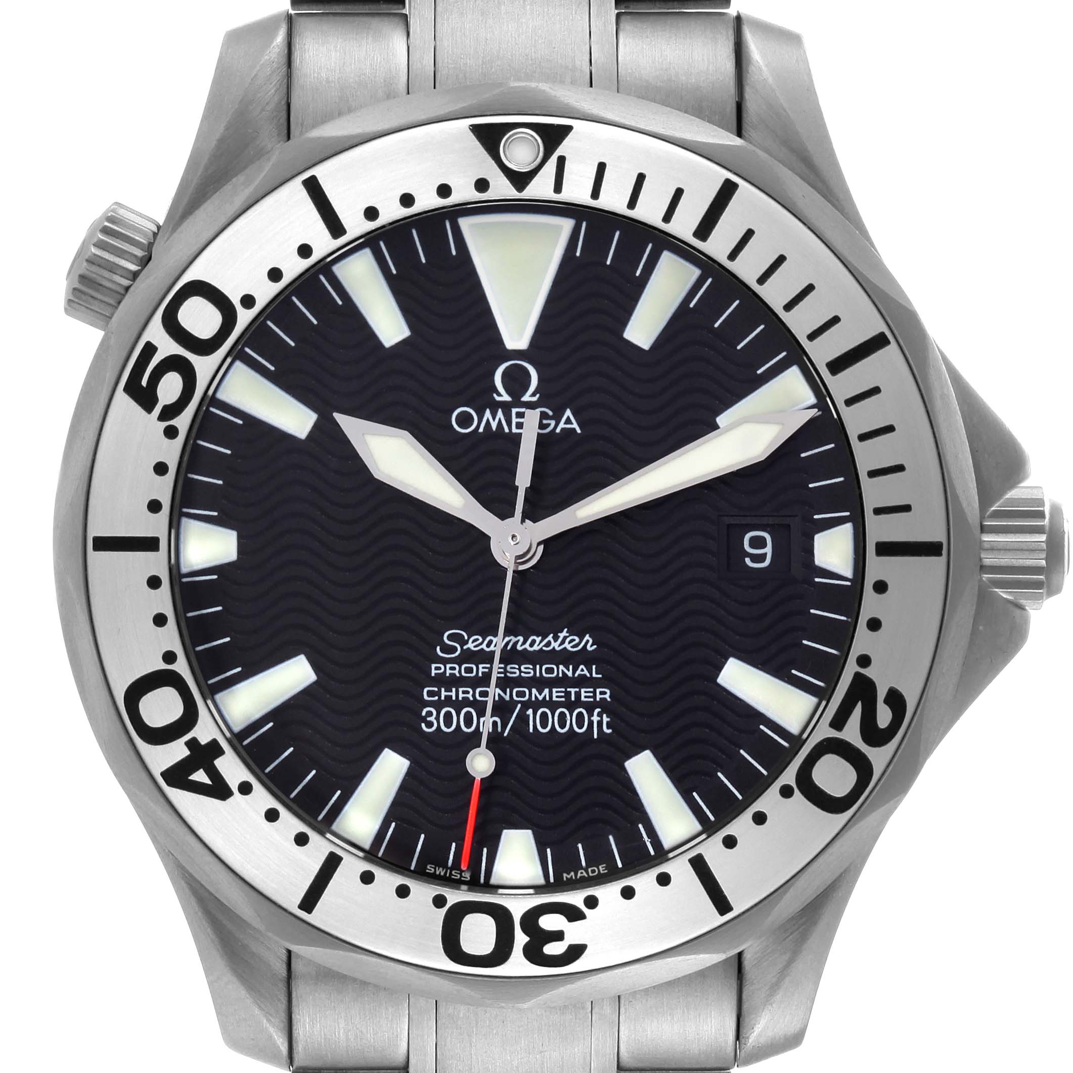 This Omega Seamaster 2231.50.00 Men's Titanium Black Dial 2231.50.00 Men's Titanium Black Dial watch is shown from the front, displaying the dial, hands, bezel, date window, and part of the stainless steel bracelet.