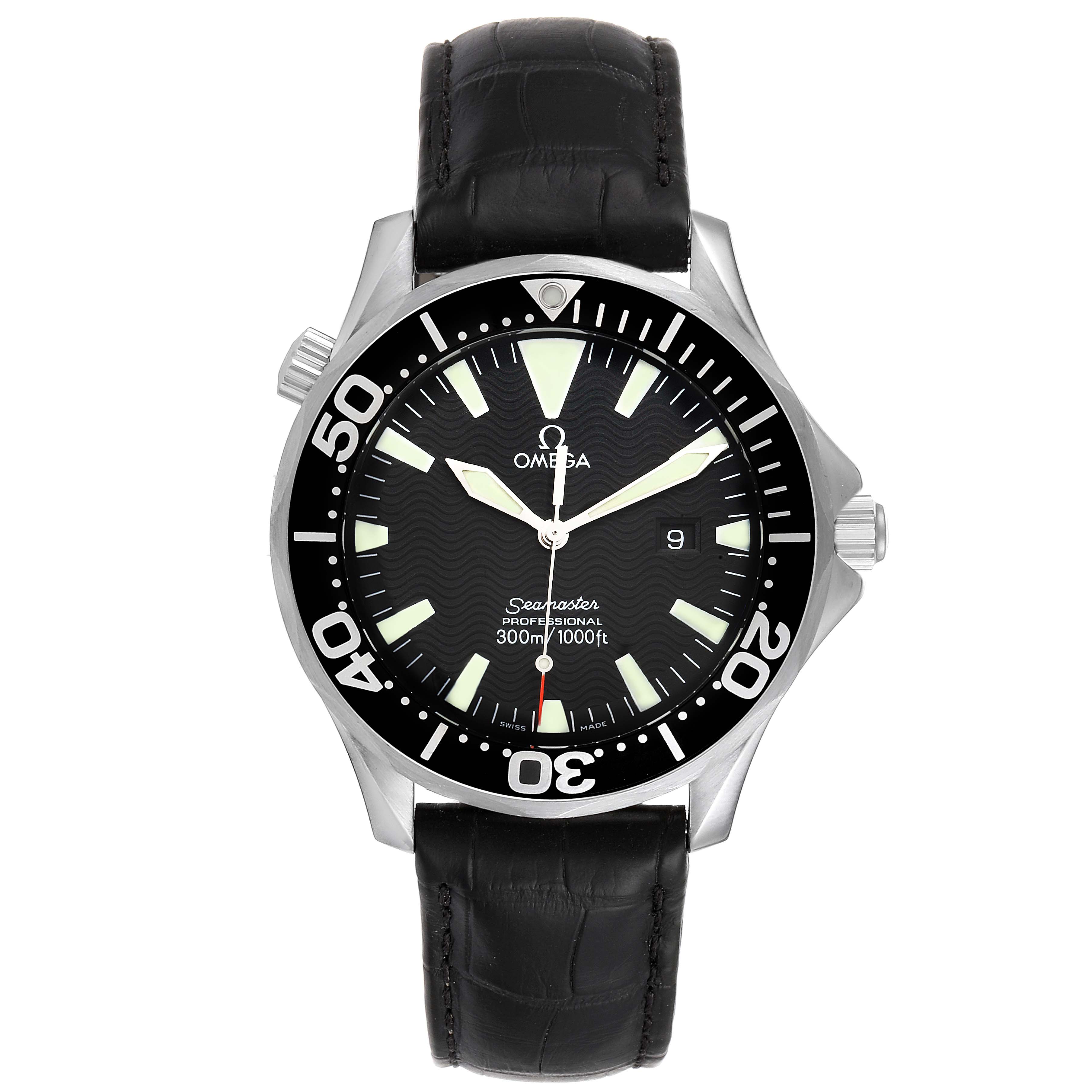 The Omega Seamaster 2264.50.00 Men
s Stainless Steel Black Dial 2264.50.00 Men
s Stainless Steel Black Dial watch is shown from the front, displaying the dial, bezel, crown, and black leather strap.