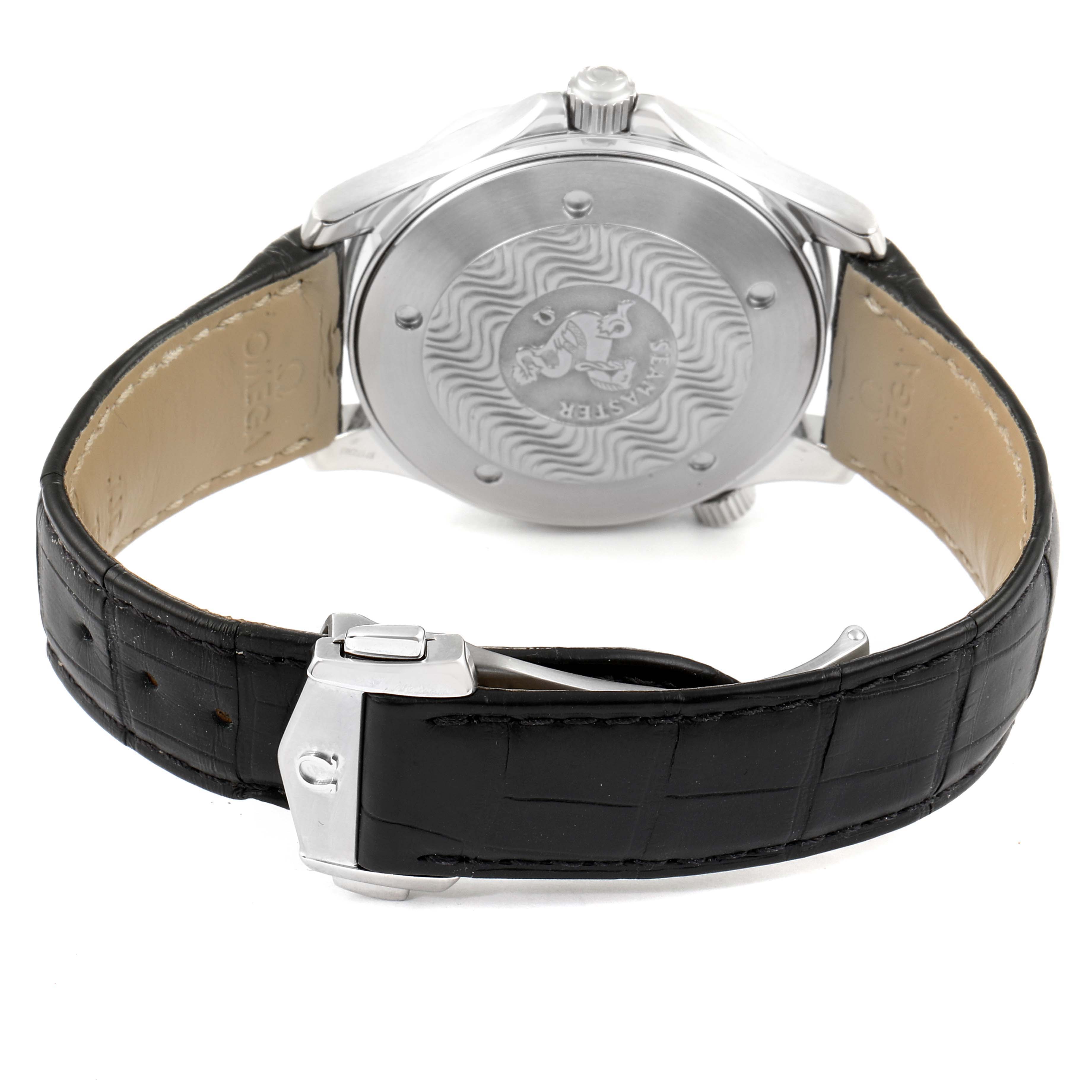 This Omega Seamaster 2264.50.00 Men
s Stainless Steel Black Dial 2264.50.00 Men
s Stainless Steel Black Dial watch is shown from the back, displaying the case back and the leather strap with a clasp.