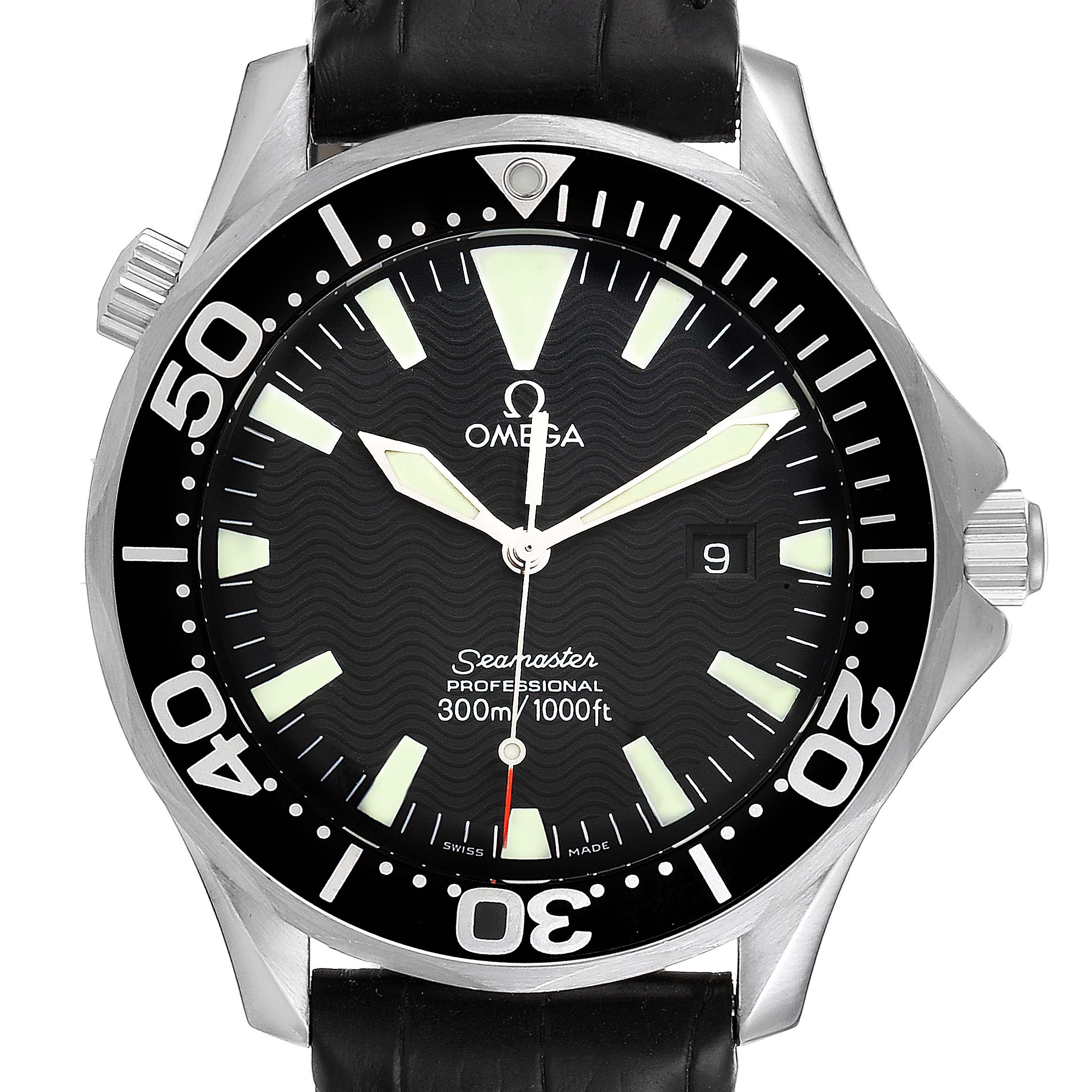 This image shows a front view of the Omega Seamaster 2264.50.00 Men
s Stainless Steel Black Dial 2264.50.00 Men
s Stainless Steel Black Dial watch, highlighting its dial, bezel, and crown on the right side.