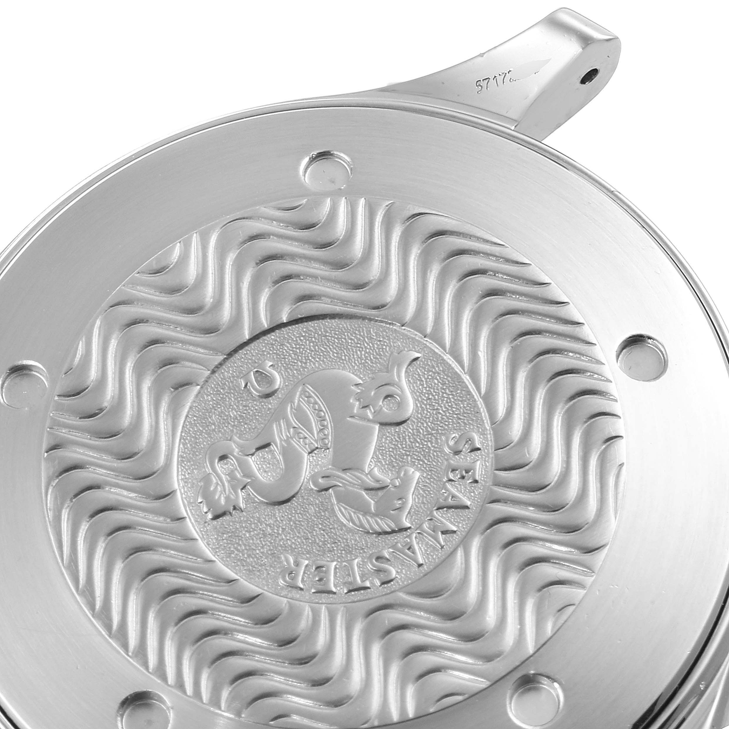 The image shows the back case and logo engraving of an Omega Seamaster 2264.50.00 Men
s Stainless Steel Black Dial 2264.50.00 Men
s Stainless Steel Black Dial watch, viewed from the back.