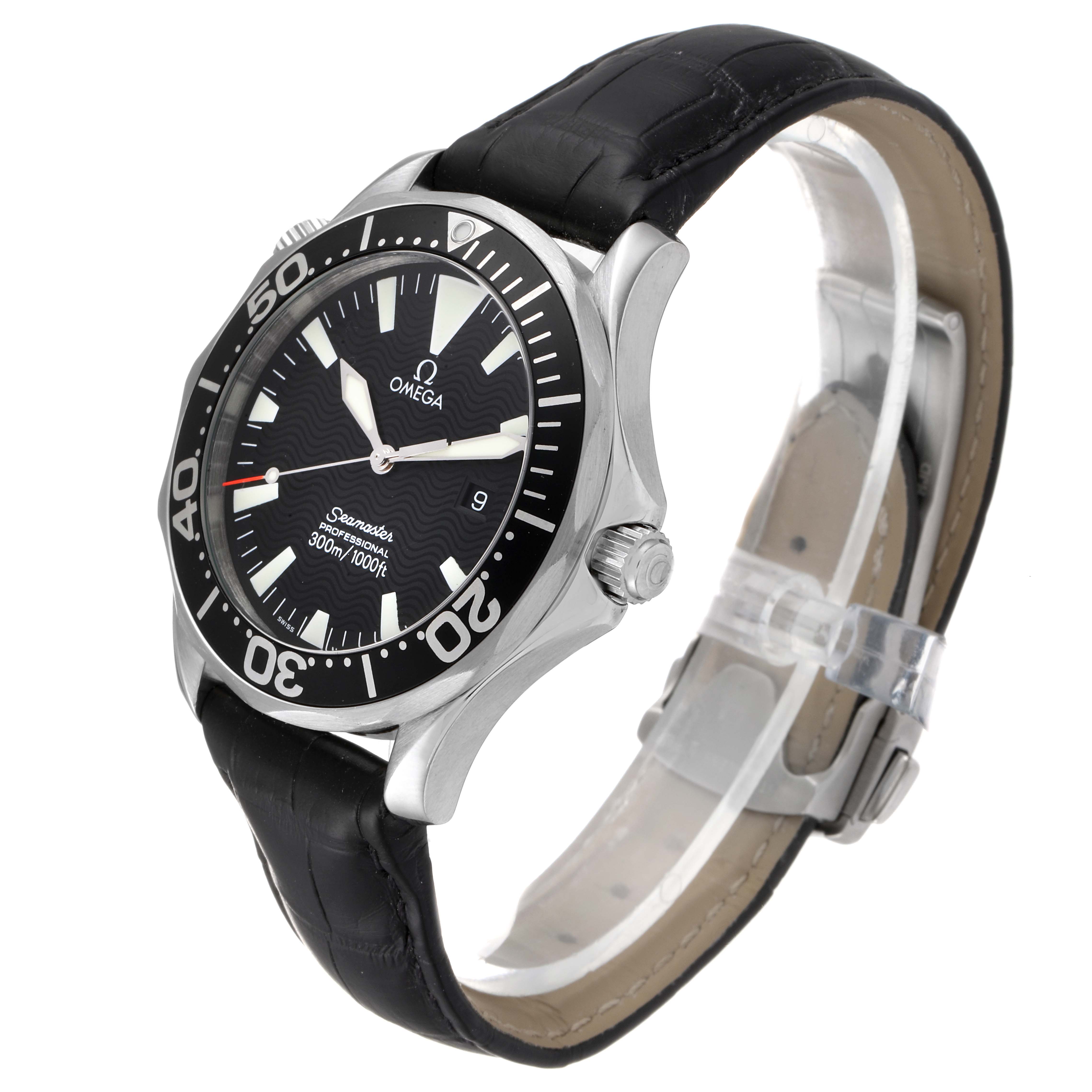 The image shows a side view angle of the Omega Seamaster 2264.50.00 Men
s Stainless Steel Black Dial 2264.50.00 Men
s Stainless Steel Black Dial watch, displaying the face, bezel, and leather strap.