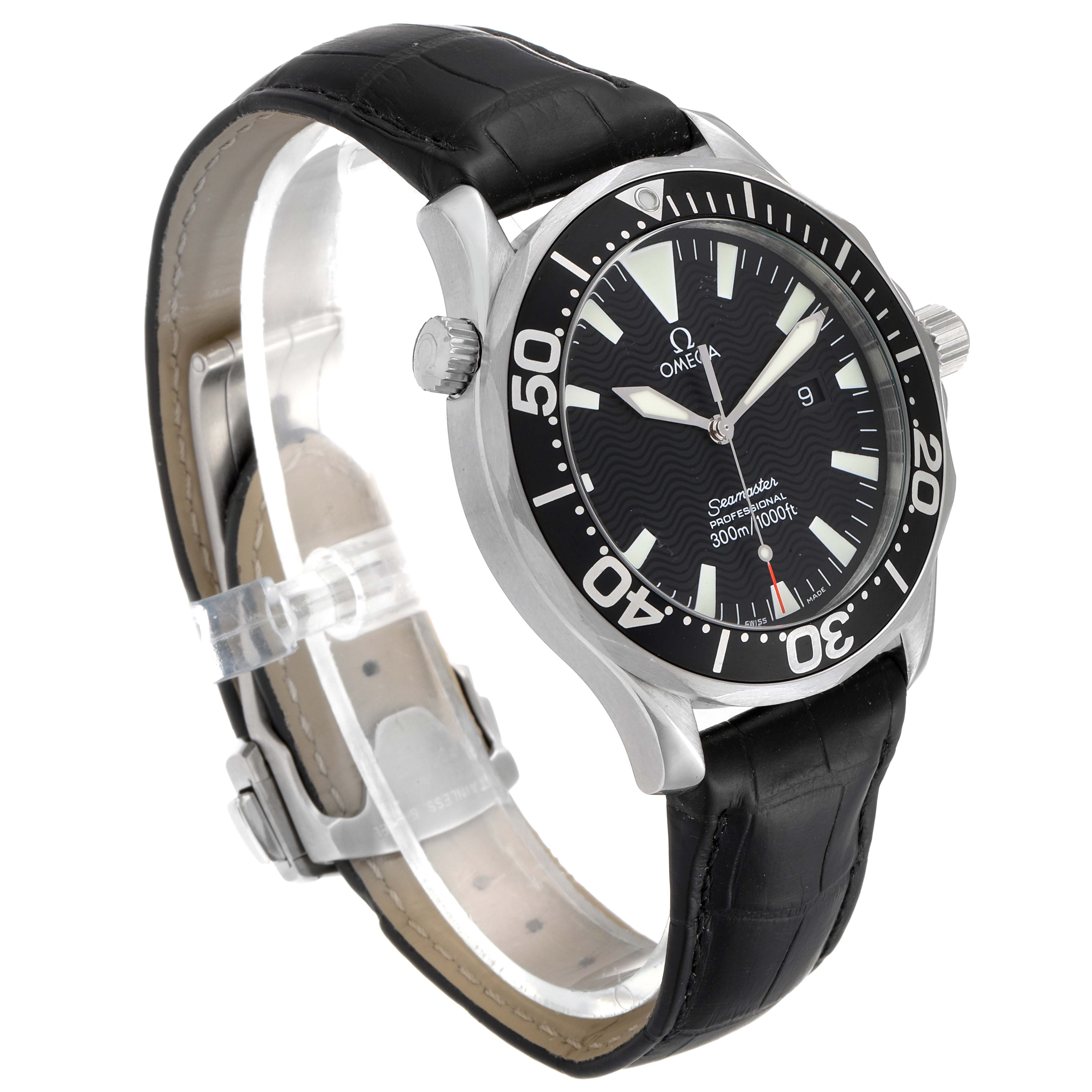 The Omega Seamaster 2264.50.00 Men
s Stainless Steel Black Dial 2264.50.00 Men
s Stainless Steel Black Dial watch is shown at a three-quarter angle, highlighting the black dial, bezel, and leather strap.