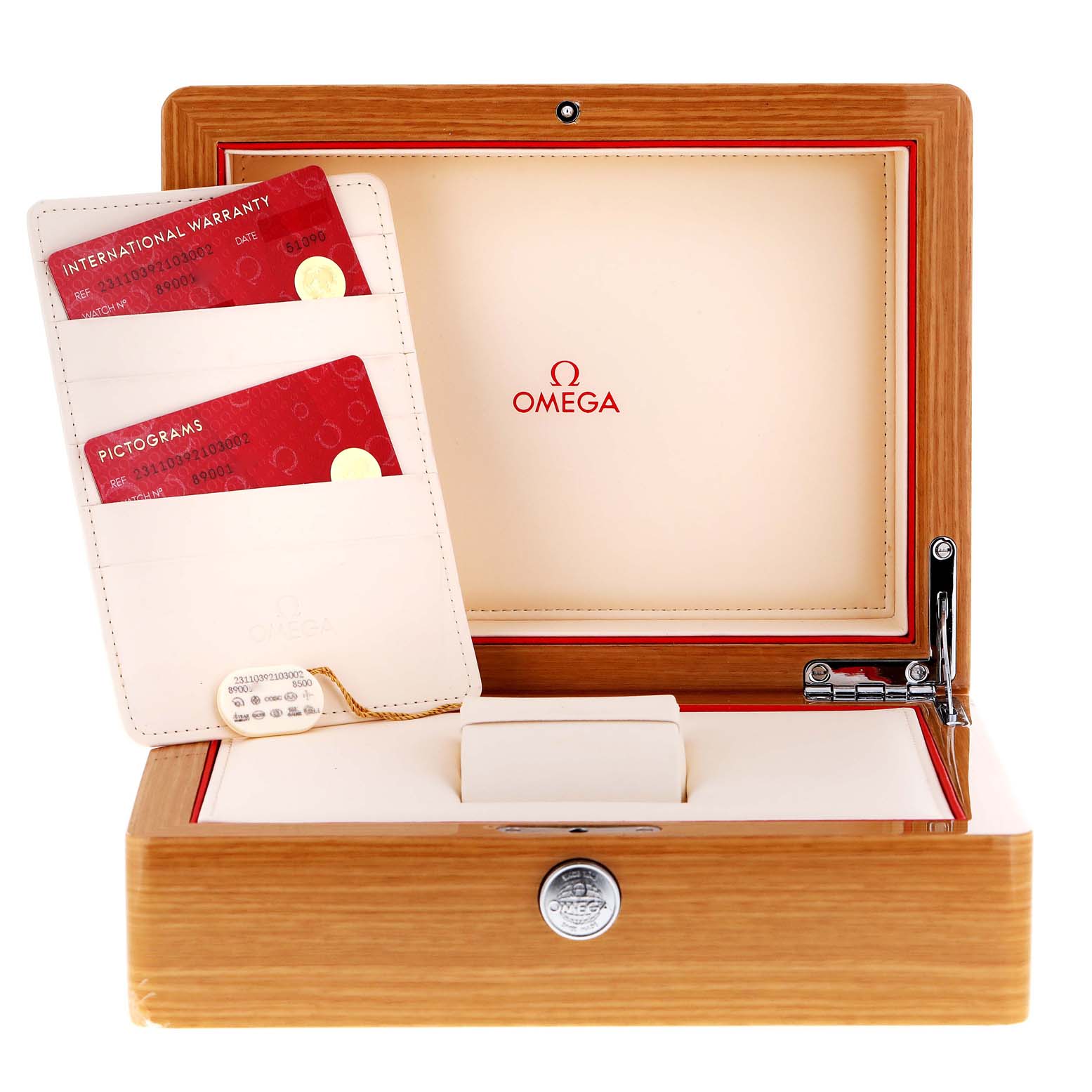 The image shows an Omega Aqua Terra 231.10.39.21.03.002 Men
s Stainless Steel Blue Dial 231.10.39.21.03.002 Men
s Stainless Steel Blue Dial watch box with an open lid, warranty cards, and a holder for the watch.