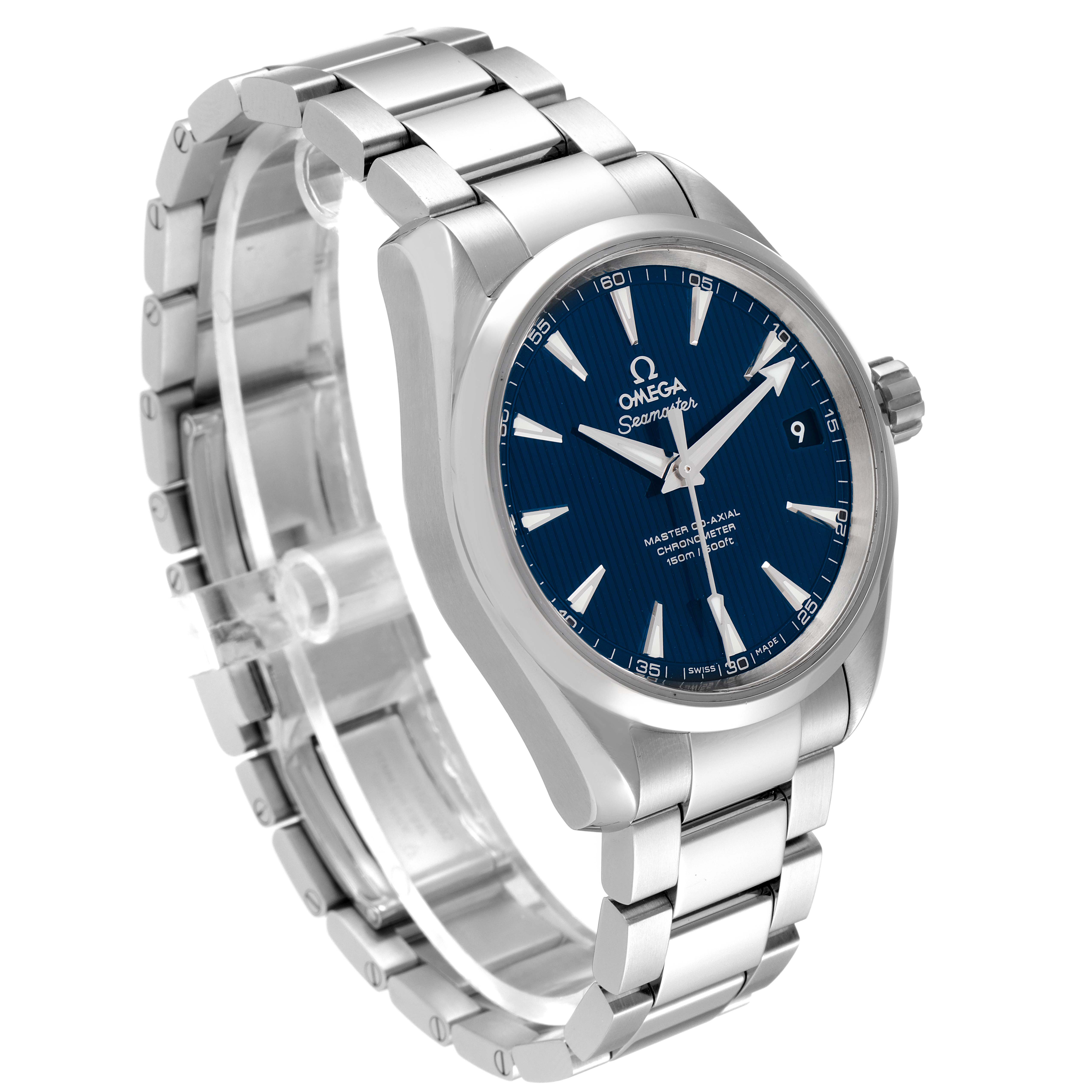 The image shows a frontal angled view of the Omega Aqua Terra 231.10.39.21.03.002 Men
s Stainless Steel Blue Dial 231.10.39.21.03.002 Men
s Stainless Steel Blue Dial watch, highlighting the face, bezel, bracelet, and crown.