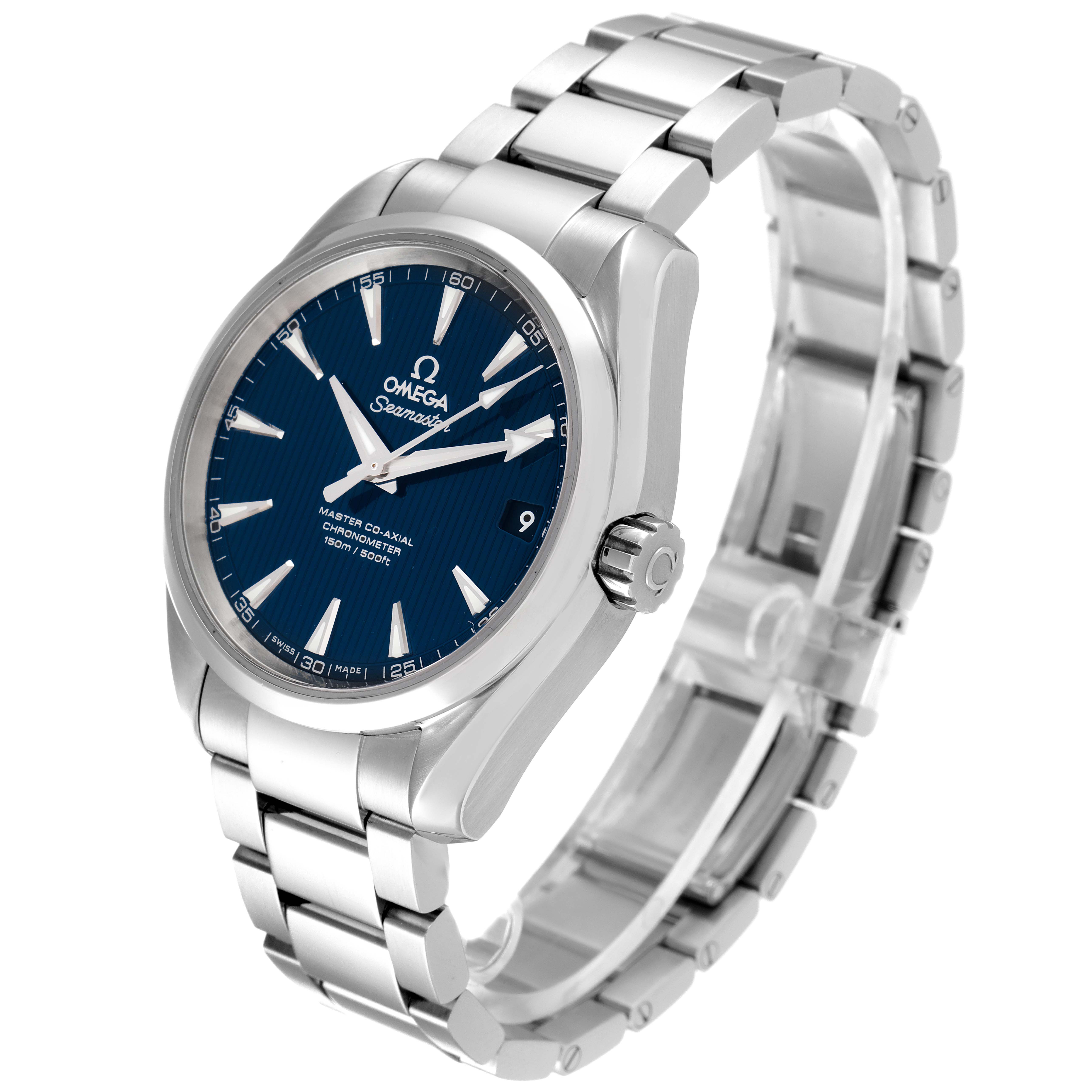 The Omega Aqua Terra 231.10.39.21.03.002 Men
s Stainless Steel Blue Dial 231.10.39.21.03.002 Men
s Stainless Steel Blue Dial Seamaster watch is shown at a slight angle, highlighting its blue dial, stainless steel case, and bracelet.