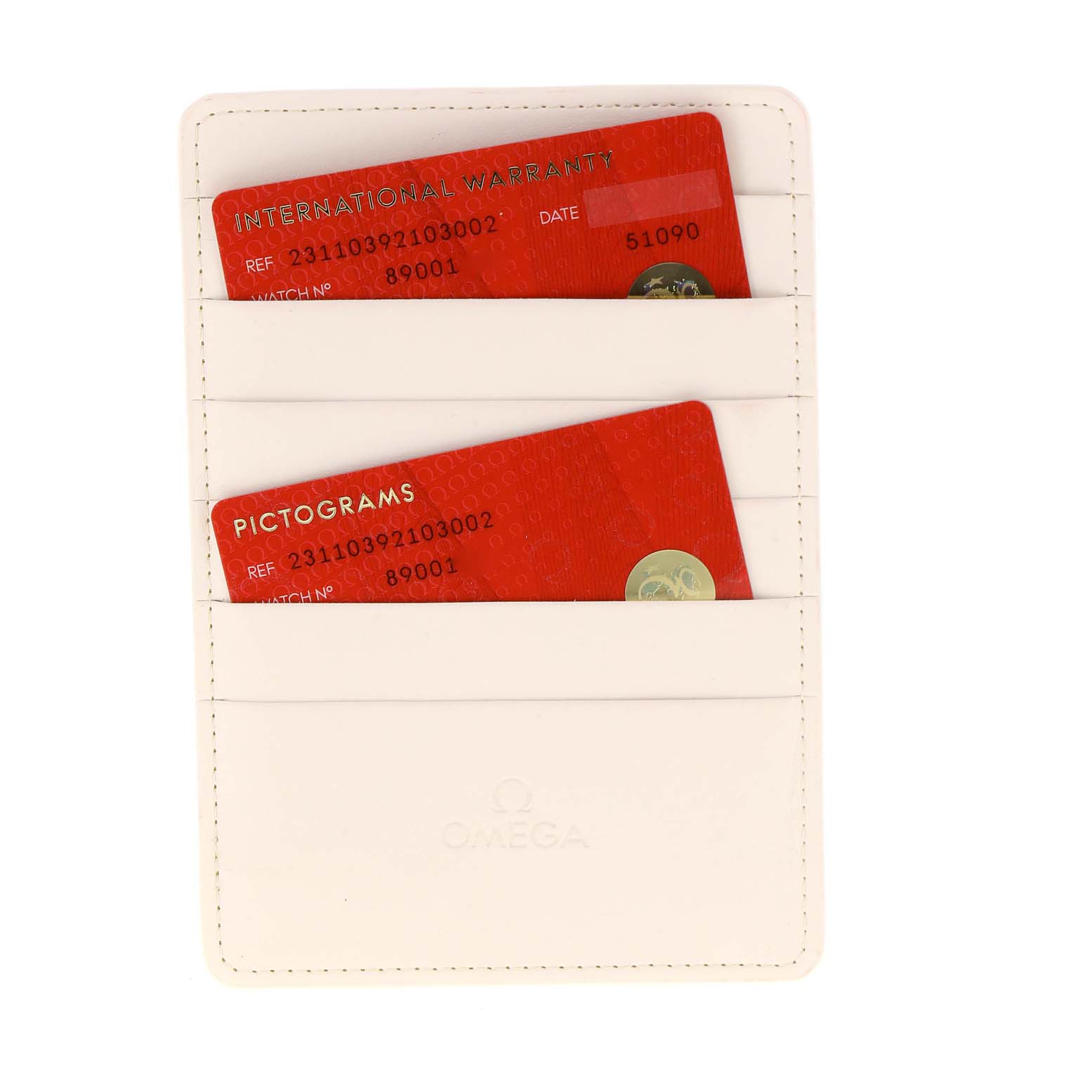 This image displays the international warranty and pictograms cards for the Omega Aqua Terra 231.10.39.21.03.002 Men
s Stainless Steel Blue Dial 231.10.39.21.03.002 Men
s Stainless Steel Blue Dial watch in a white cardholder.