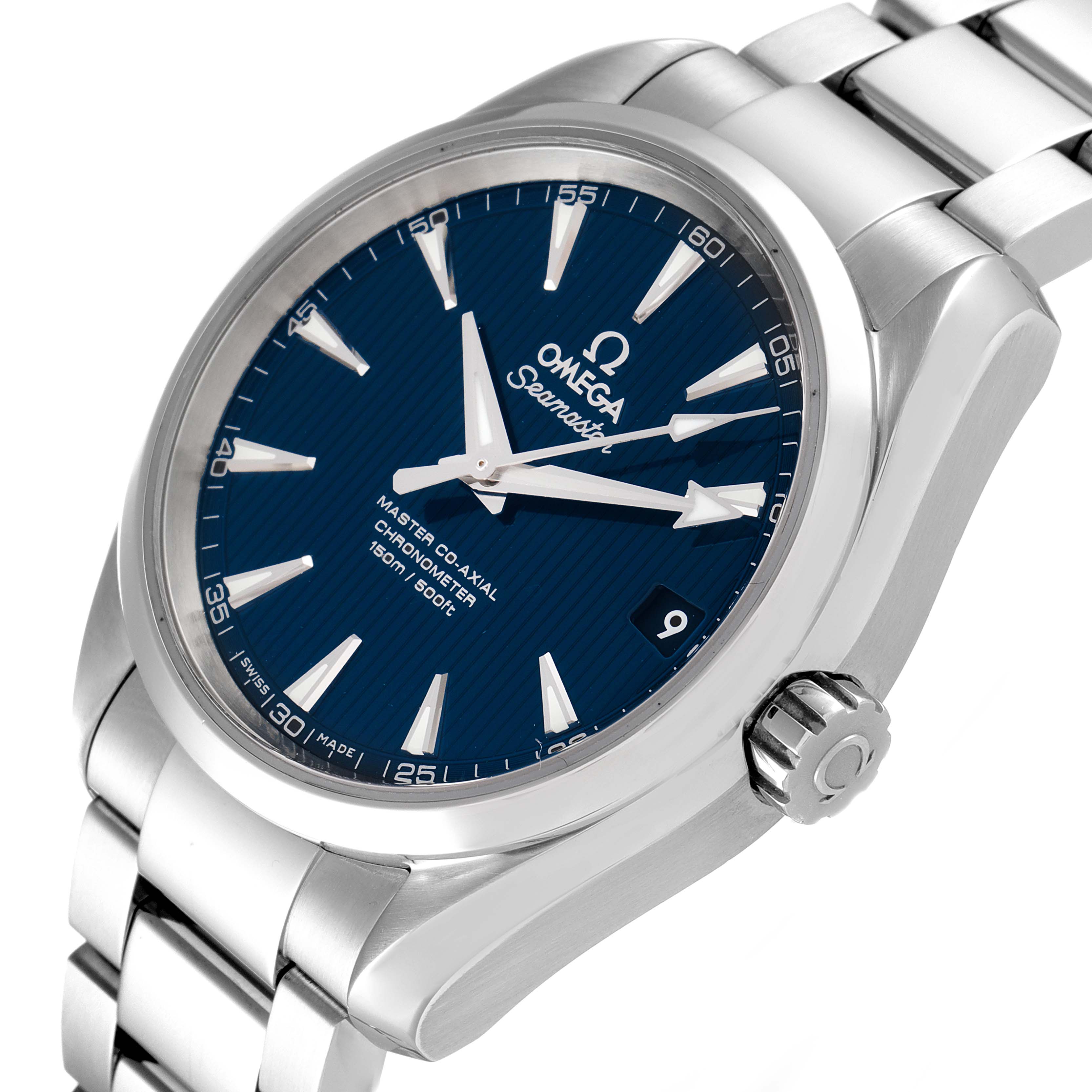 The image shows an Omega Aqua Terra 231.10.39.21.03.002 Men
s Stainless Steel Blue Dial 231.10.39.21.03.002 Men
s Stainless Steel Blue Dial watch at an angled close-up, highlighting its face, crown, and part of the bracelet.
