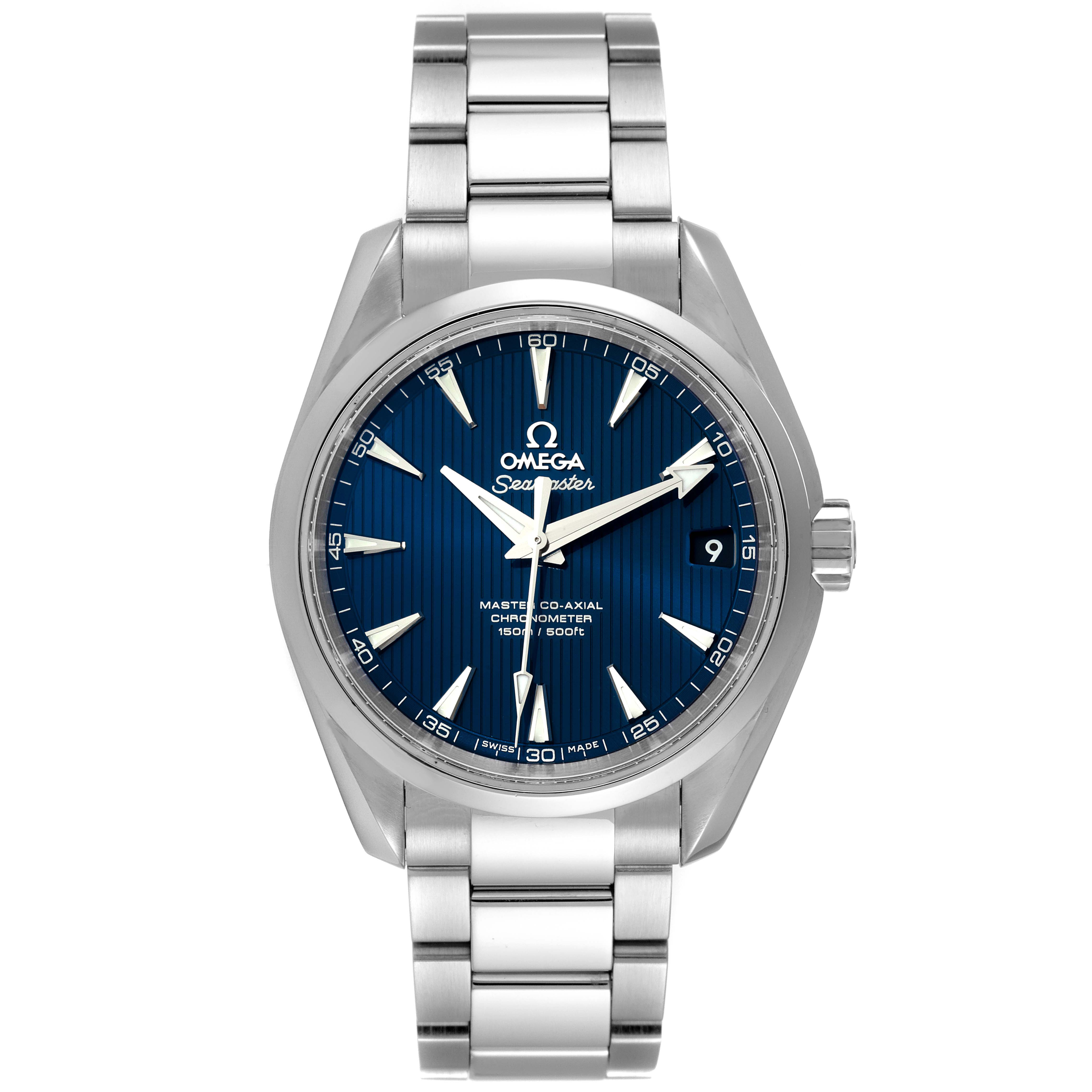 The image shows a front view of the Omega Aqua Terra 231.10.39.21.03.002 Men
s Stainless Steel Blue Dial 231.10.39.21.03.002 Men
s Stainless Steel Blue Dial watch, highlighting its blue dial, stainless steel case, and bracelet.