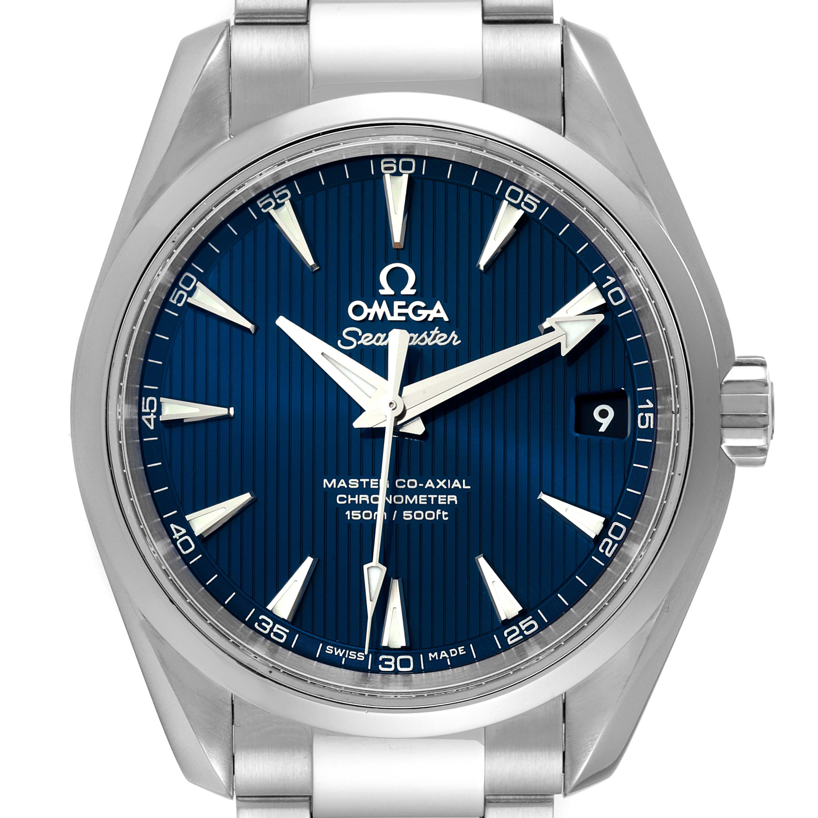 This image shows a frontal view of the Omega Aqua Terra 231.10.39.21.03.002 Men
s Stainless Steel Blue Dial 231.10.39.21.03.002 Men
s Stainless Steel Blue Dial watch, highlighting its face, bezel, crown, and part of the bracelet.