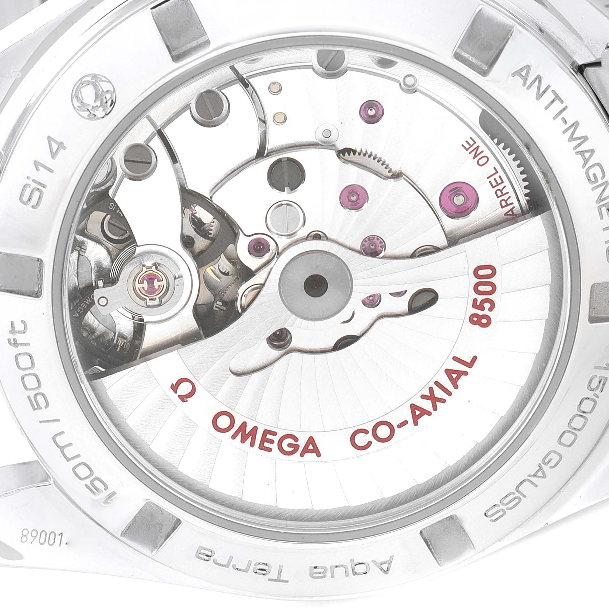 This image shows the back of the Omega Aqua Terra 231.10.39.21.03.002 Men
s Stainless Steel Blue Dial 231.10.39.21.03.002 Men
s Stainless Steel Blue Dial watch, highlighting its Co-Axial 8500 movement.