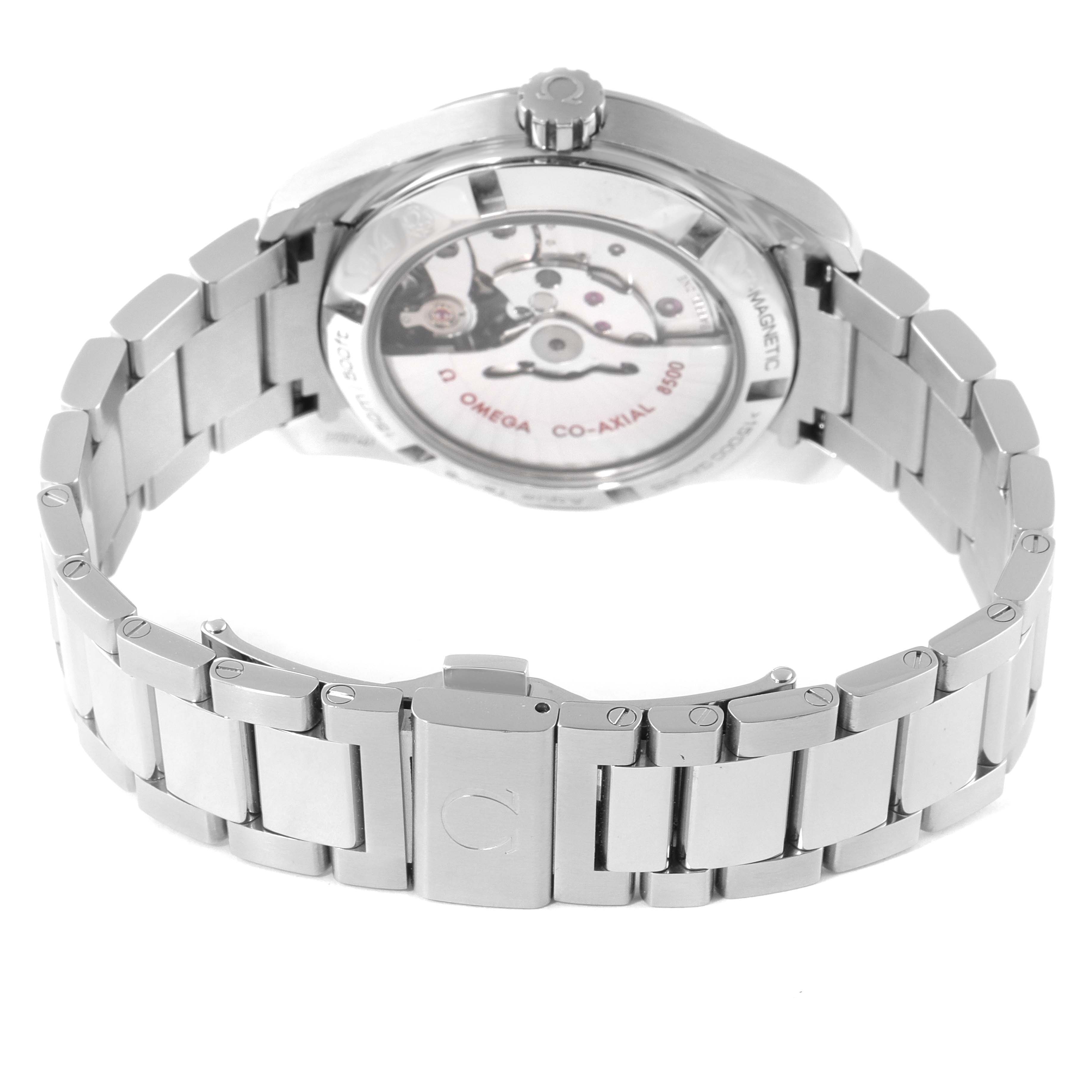 This image shows the back view of the Omega Aqua Terra 231.10.39.21.03.002 Men
s Stainless Steel Blue Dial 231.10.39.21.03.002 Men
s Stainless Steel Blue Dial watch, highlighting its transparent case back and metal bracelet.