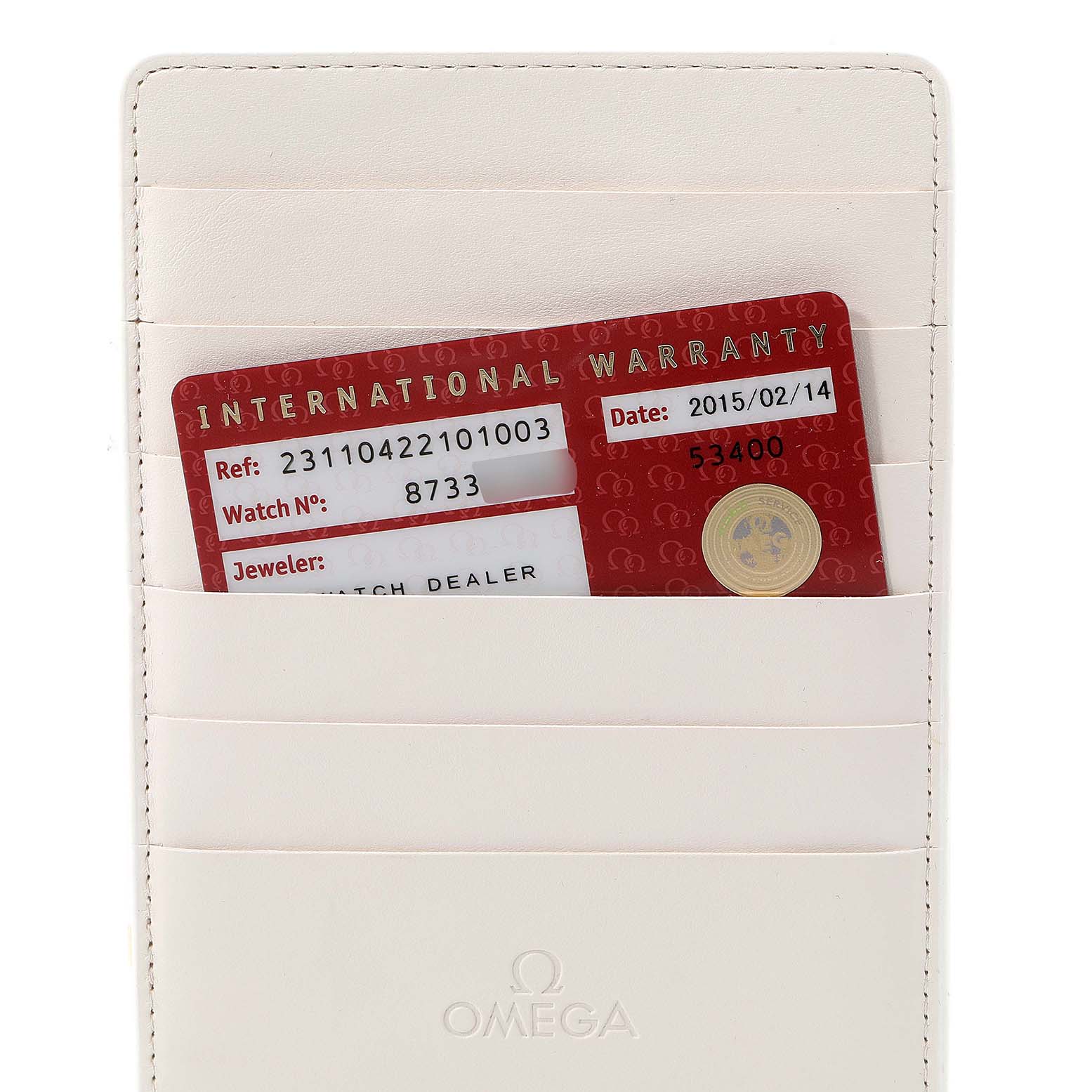 This image shows the international warranty card for an Omega Aqua Terra 231.10.42.21.01.003 Men's Stainless Steel Black Dial 231.10.42.21.01.003 Men's Stainless Steel Black Dial watch, placed in a white cardholder.