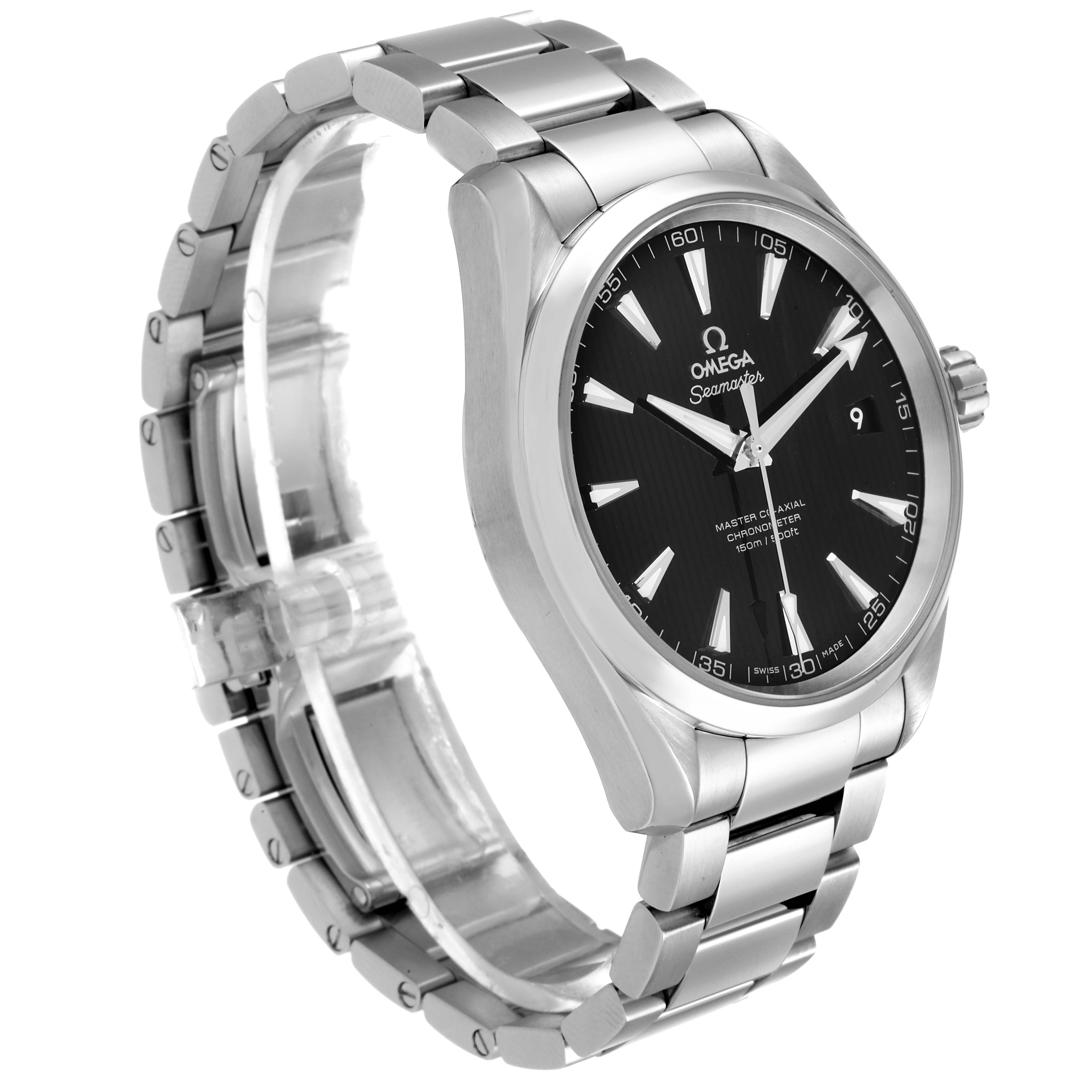 The image shows an angled side view of the Omega Aqua Terra 231.10.42.21.01.003 Men's Stainless Steel Black Dial 231.10.42.21.01.003 Men's Stainless Steel Black Dial watch, highlighting the face, bezel, and part of the bracelet.