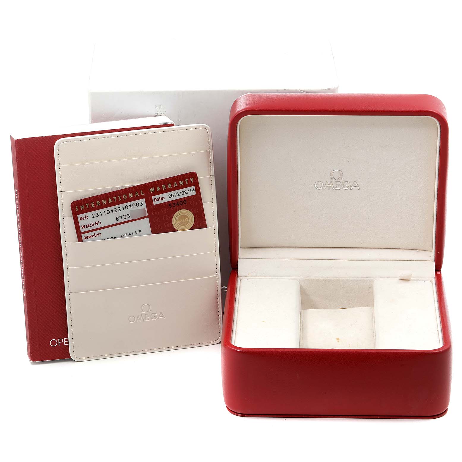 The image shows an Omega Aqua Terra 231.10.42.21.01.003 Men's Stainless Steel Black Dial 231.10.42.21.01.003 Men's Stainless Steel Black Dial watch box, warranty card, and cardholder, all viewed from the front angle.