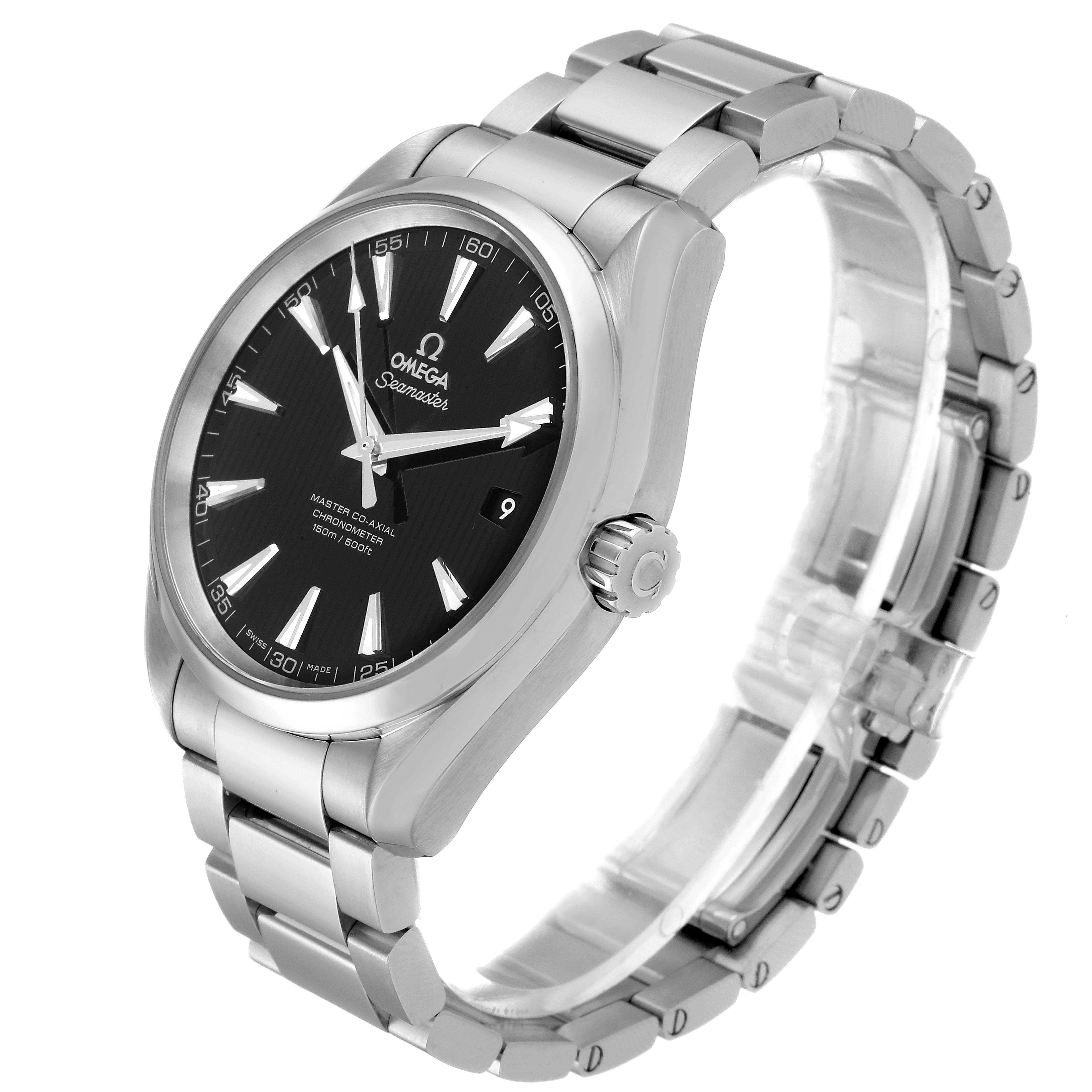 This image shows an Omega Aqua Terra 231.10.42.21.01.003 Men's Stainless Steel Black Dial 231.10.42.21.01.003 Men's Stainless Steel Black Dial watch at a slight angle, displaying the dial, case, crown, and part of the bracelet.