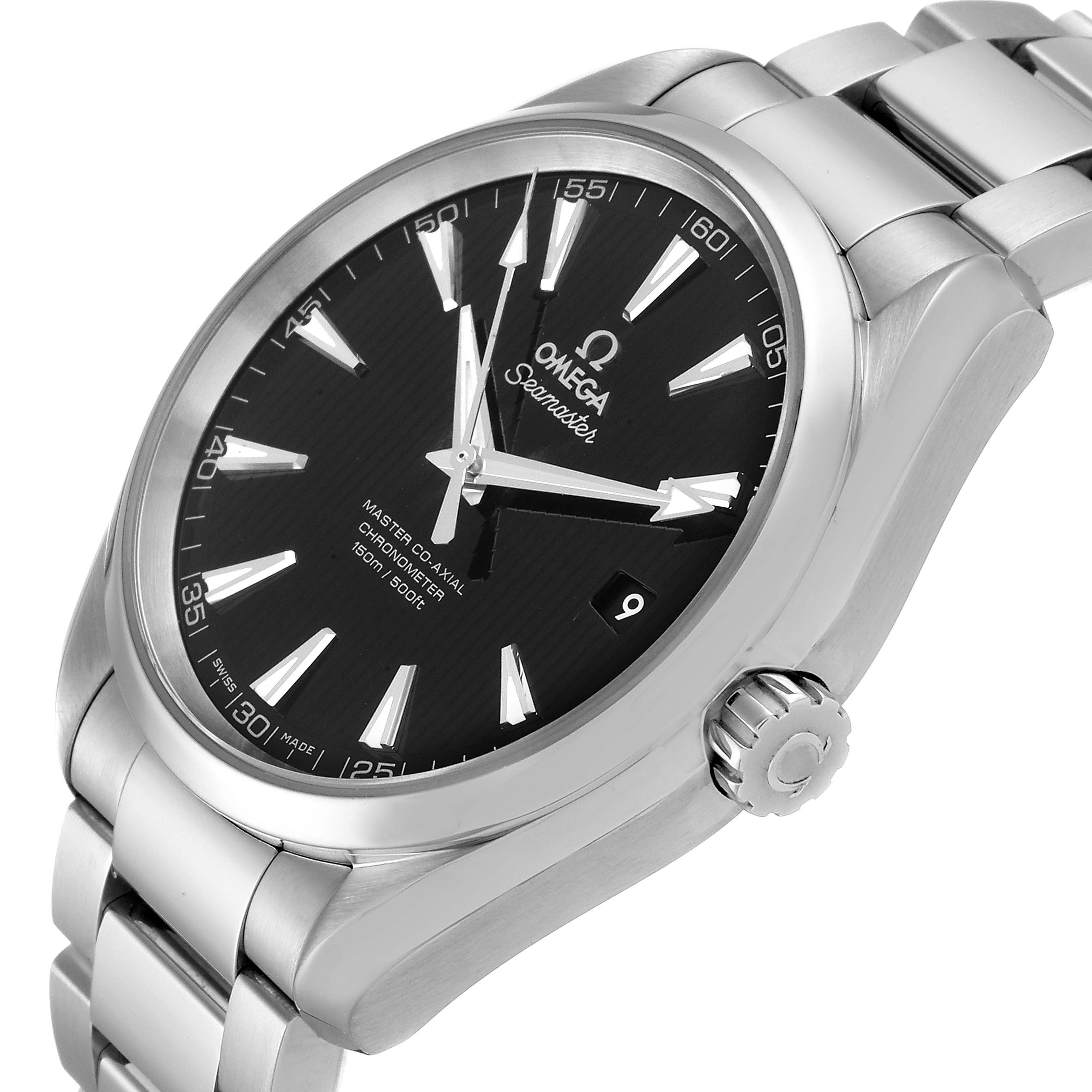The Omega Aqua Terra 231.10.42.21.01.003 Men's Stainless Steel Black Dial 231.10.42.21.01.003 Men's Stainless Steel Black Dial watch is shown at a slight angle with a black dial, stainless steel bracelet, and visible crown.