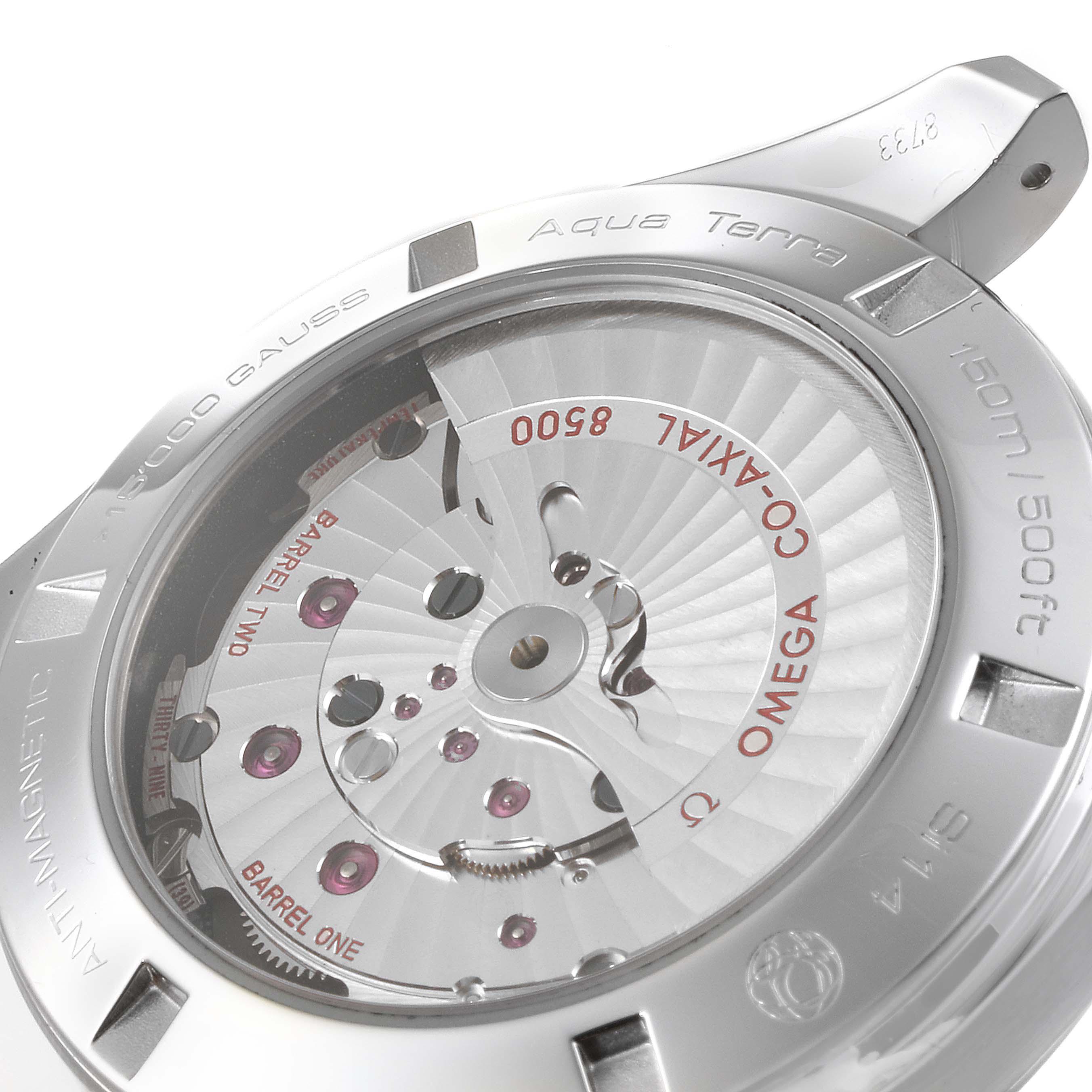 The image shows the back of the Omega Aqua Terra 231.10.42.21.01.003 Men's Stainless Steel Black Dial 231.10.42.21.01.003 Men's Stainless Steel Black Dial watch, featuring its Co-Axial movement and watch specifications.