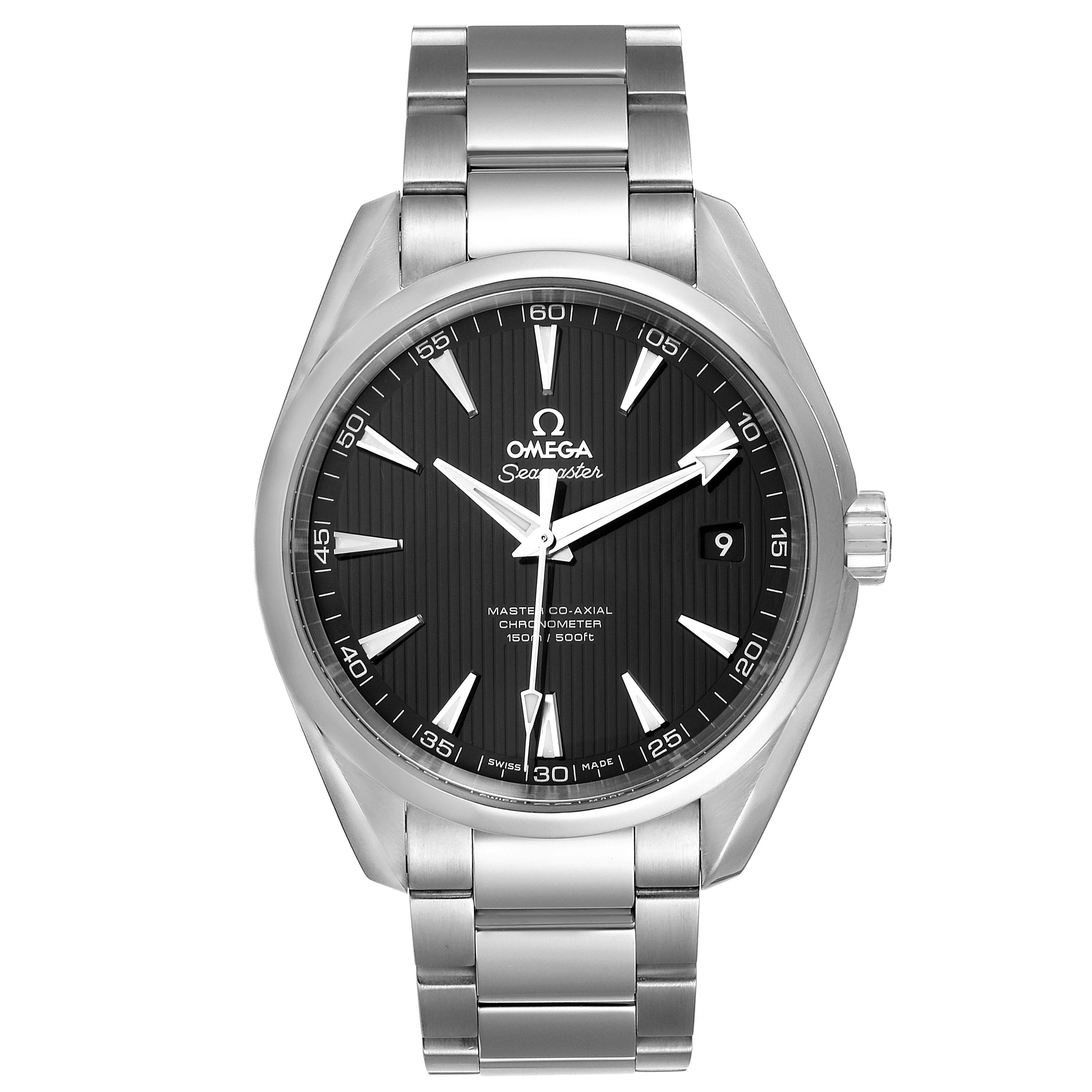 The image shows a front view of the Omega Seamaster Aqua Terra watch, displaying its face, bezel, and metal bracelet.