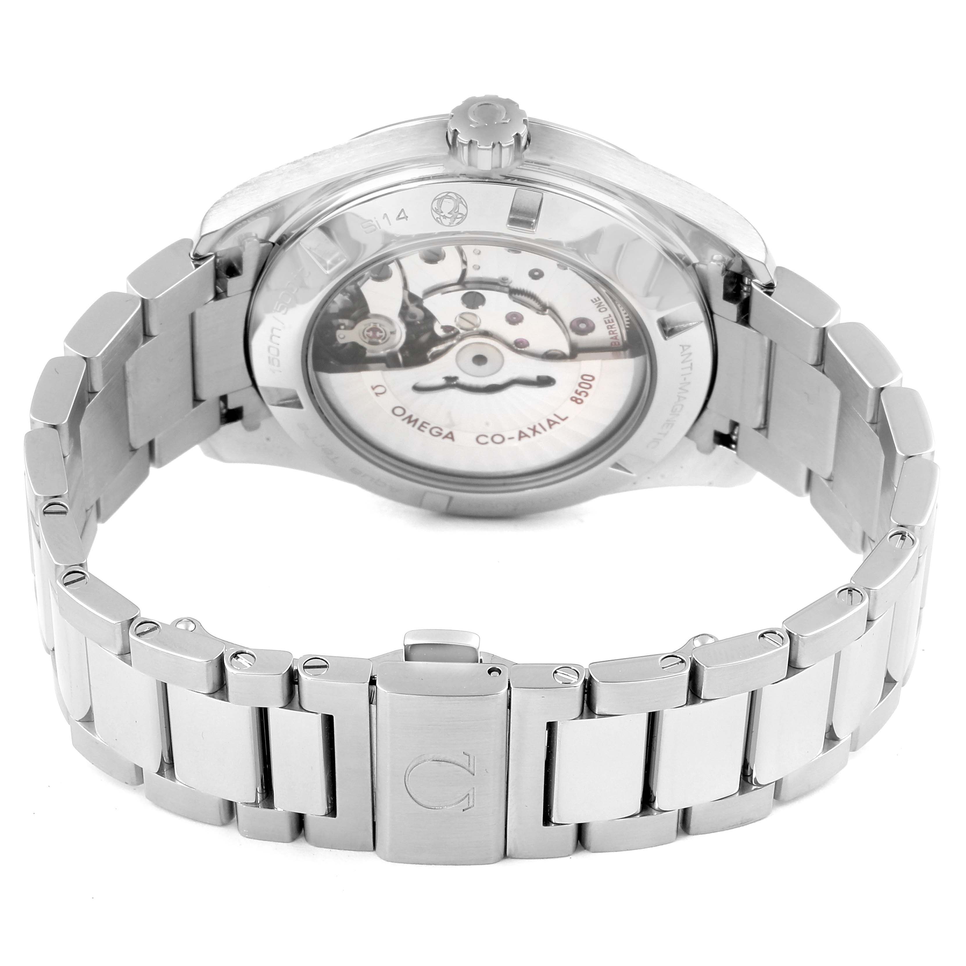 The image shows the back view of an Omega Aqua Terra 231.10.42.21.01.003 Men's Stainless Steel Black Dial 231.10.42.21.01.003 Men's Stainless Steel Black Dial watch, displaying its open case back and the metal bracelet.