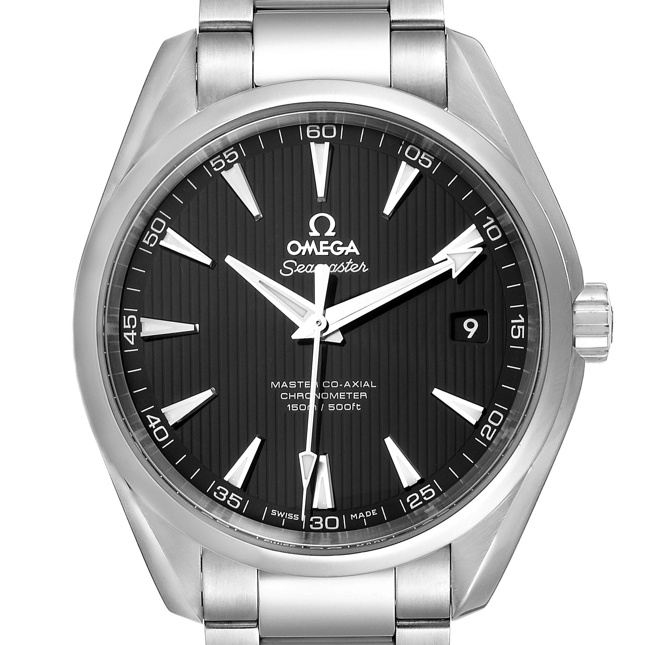 This is a front view of the Omega Aqua Terra 231.10.42.21.01.003 Men's Stainless Steel Black Dial 231.10.42.21.01.003 Men's Stainless Steel Black Dial model watch, showing the face, hour markers, hands, and crown.