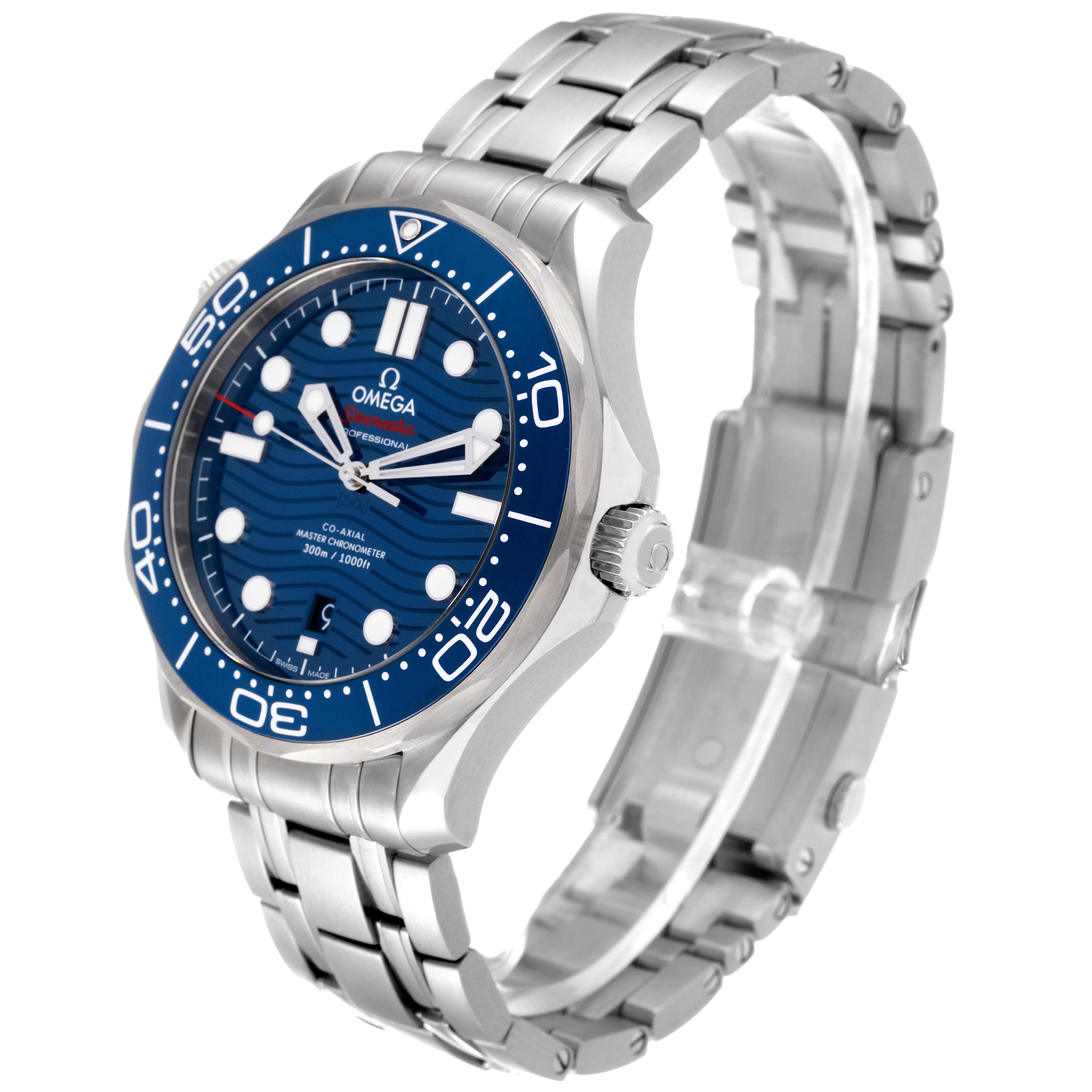 The Omega Seamaster 210.30.42.20.03.001 Men's Stainless Steel Blue Dial 210.30.42.20.03.001 Men's Stainless Steel Blue Dial watch is shown at a three-quarter angle, highlighting the dial, bezel, case, and stainless steel bracelet.