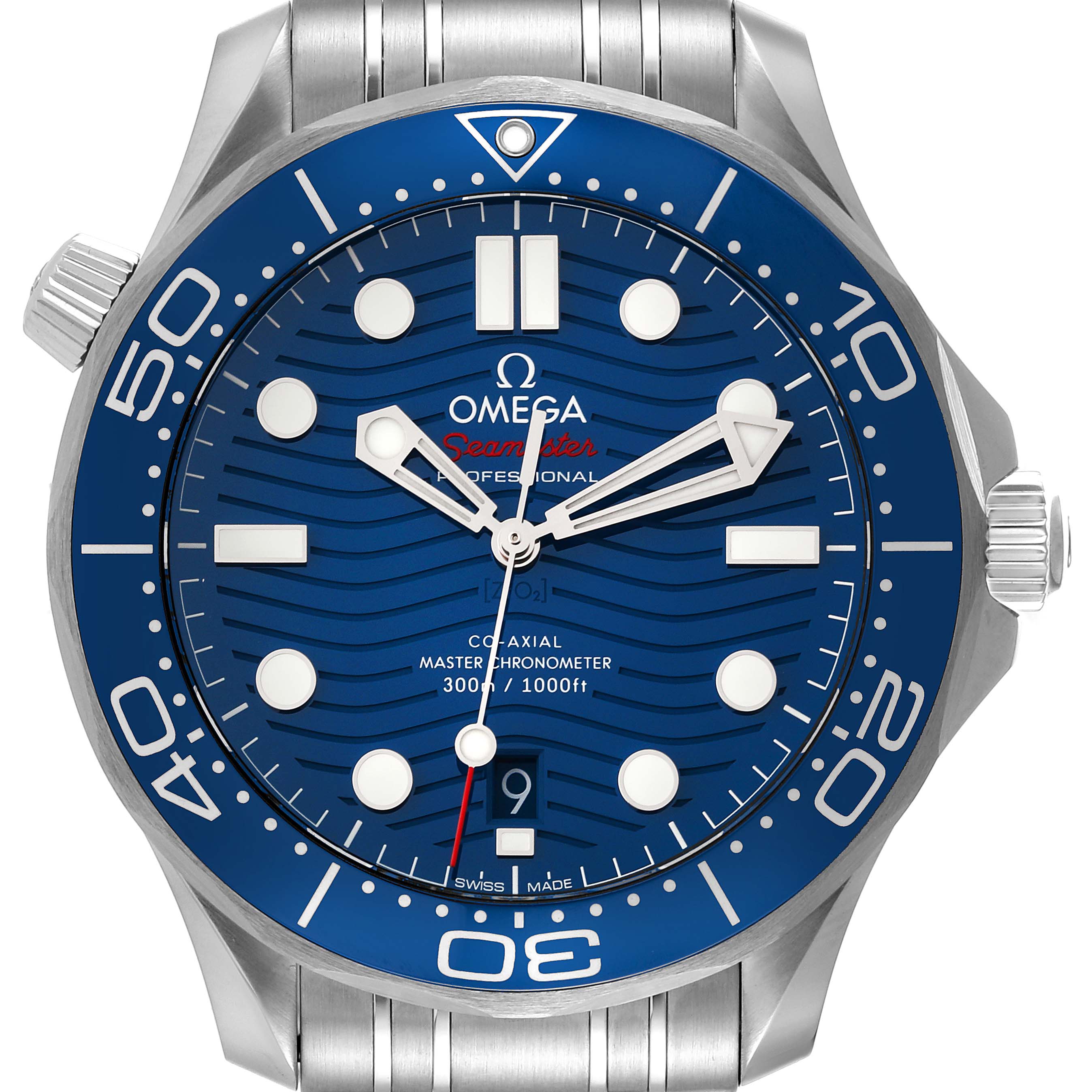 This image shows a front view of the Omega Seamaster 210.30.42.20.03.001 Men's Stainless Steel Blue Dial 210.30.42.20.03.001 Men's Stainless Steel Blue Dial watch, highlighting its blue dial, bezel, and stainless steel bracelet.