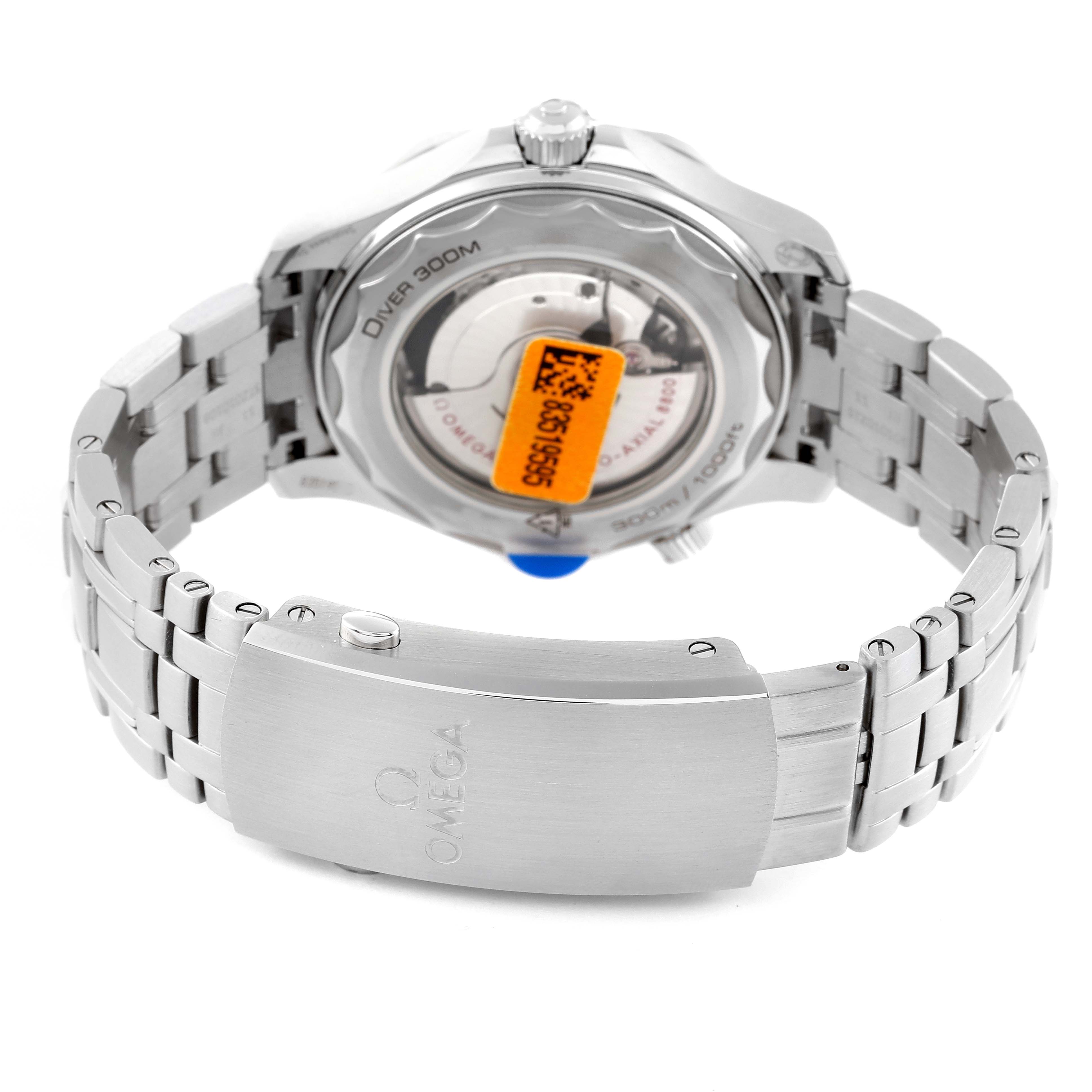 This image shows the back view of an Omega Seamaster 210.30.42.20.03.001 Men's Stainless Steel Blue Dial 210.30.42.20.03.001 Men's Stainless Steel Blue Dial watch, including the case back, bracelet, and clasp.