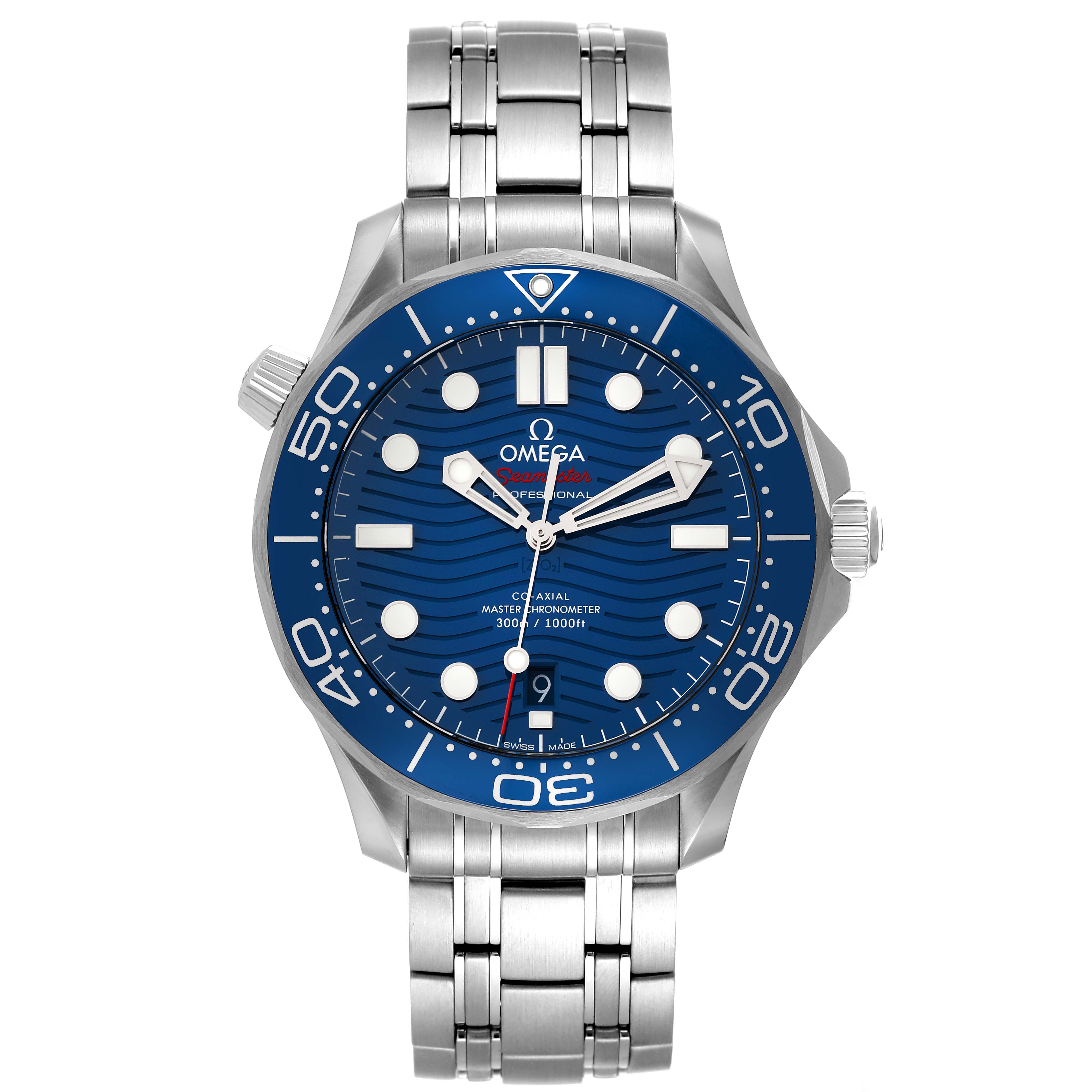 This image shows a front view of an Omega Seamaster 210.30.42.20.03.001 Men's Stainless Steel Blue Dial 210.30.42.20.03.001 Men's Stainless Steel Blue Dial watch, highlighting its blue dial, bezel, and stainless steel bracelet.